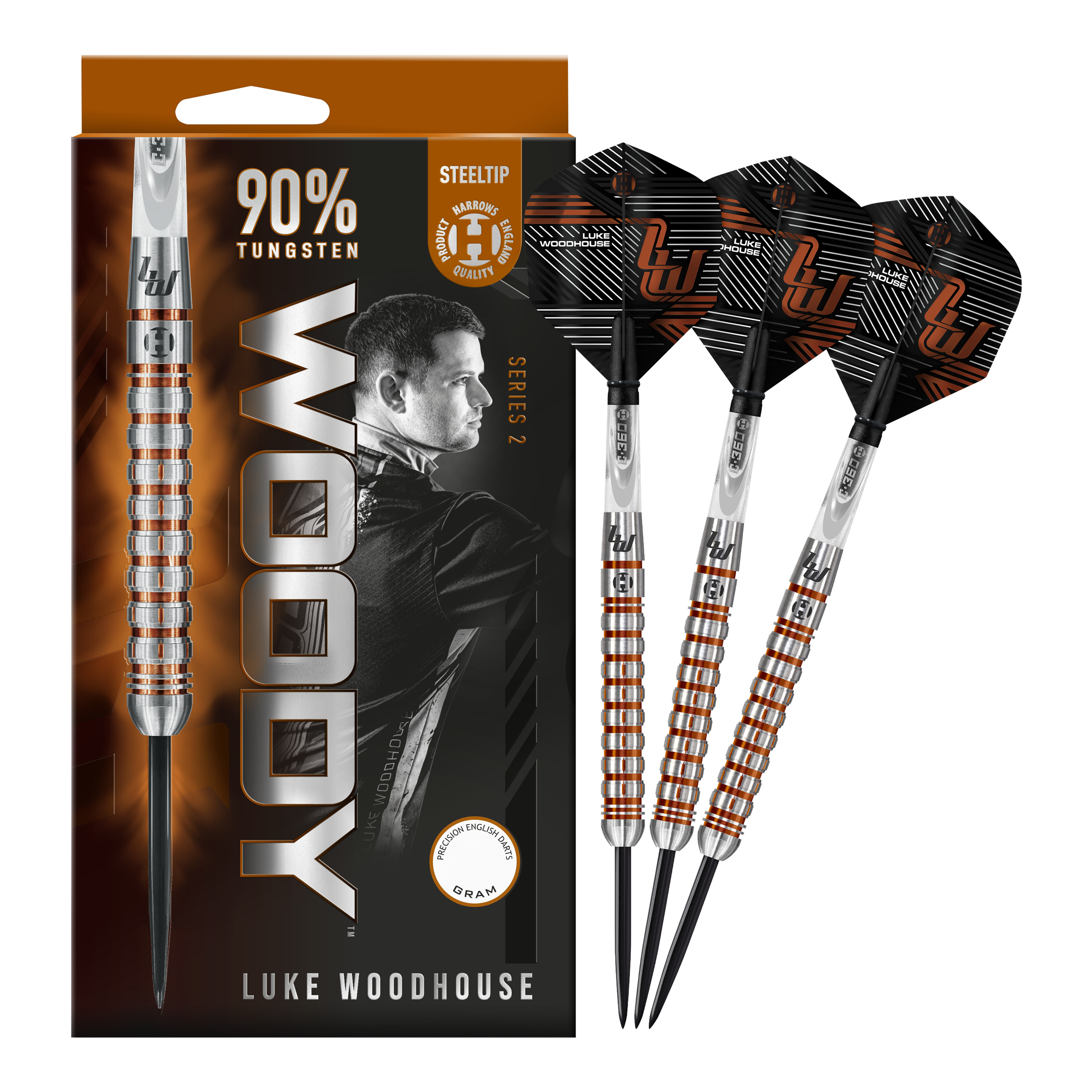 Fléchettes en acier Luke Woodhouse série 2 de Harrow Auf dem Bild sind die Harrows Luke Woodhouse Series 2 Steeldarts zu sehen. Die Verpackung zeigt das Dart-Design sowie ein Porträt von Luke Woodhouse und die Aufschrift "90% Tungsten".