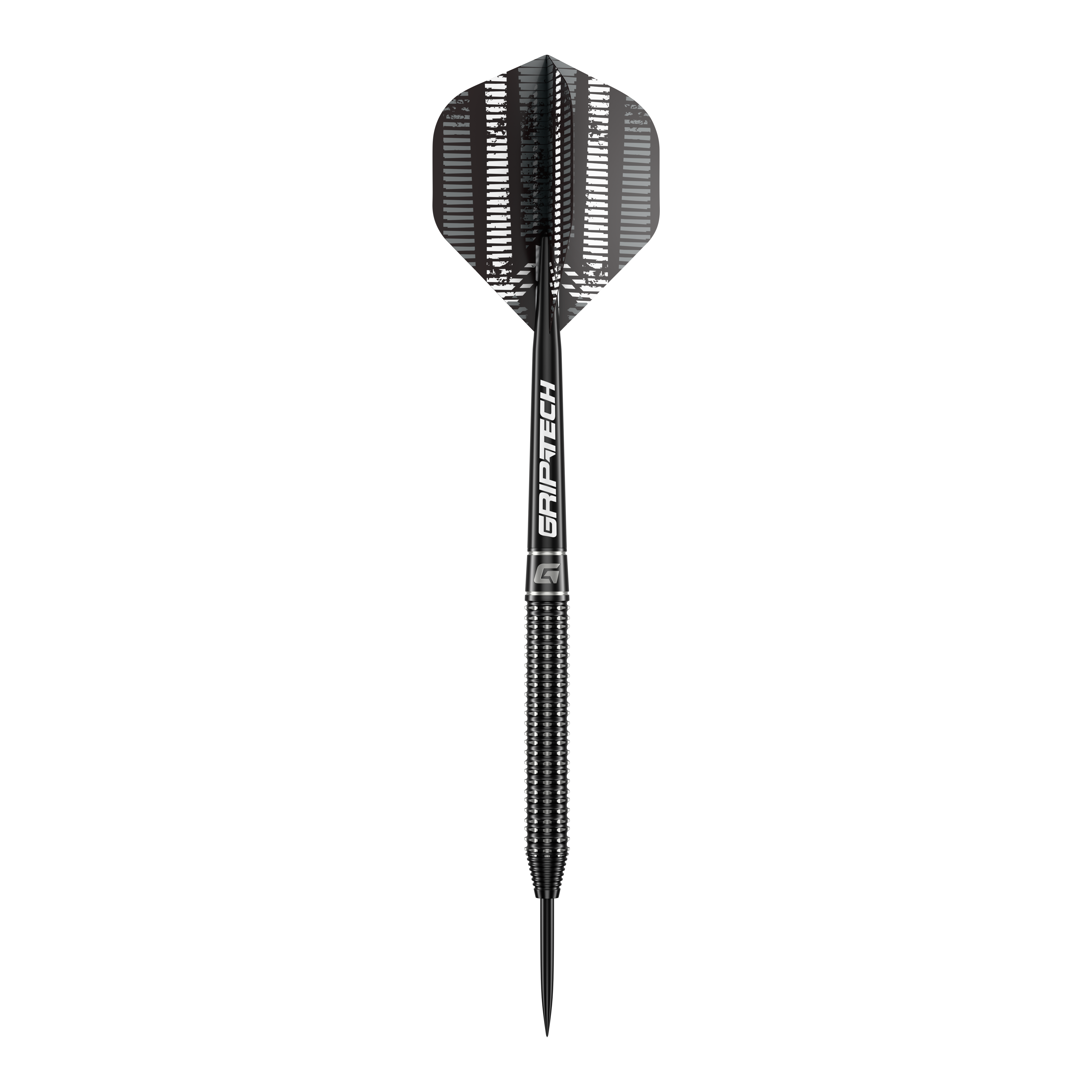 Fléchettes GOAT Sprocket en acier tungstène Das Bild zeigt einen einzelnen GOAT Sprocket Tungsten Steeldart. Der Dart hat ein modernes, schwarzes Design mit dem Schriftzug "GRIPTECH" auf dem Schaft.