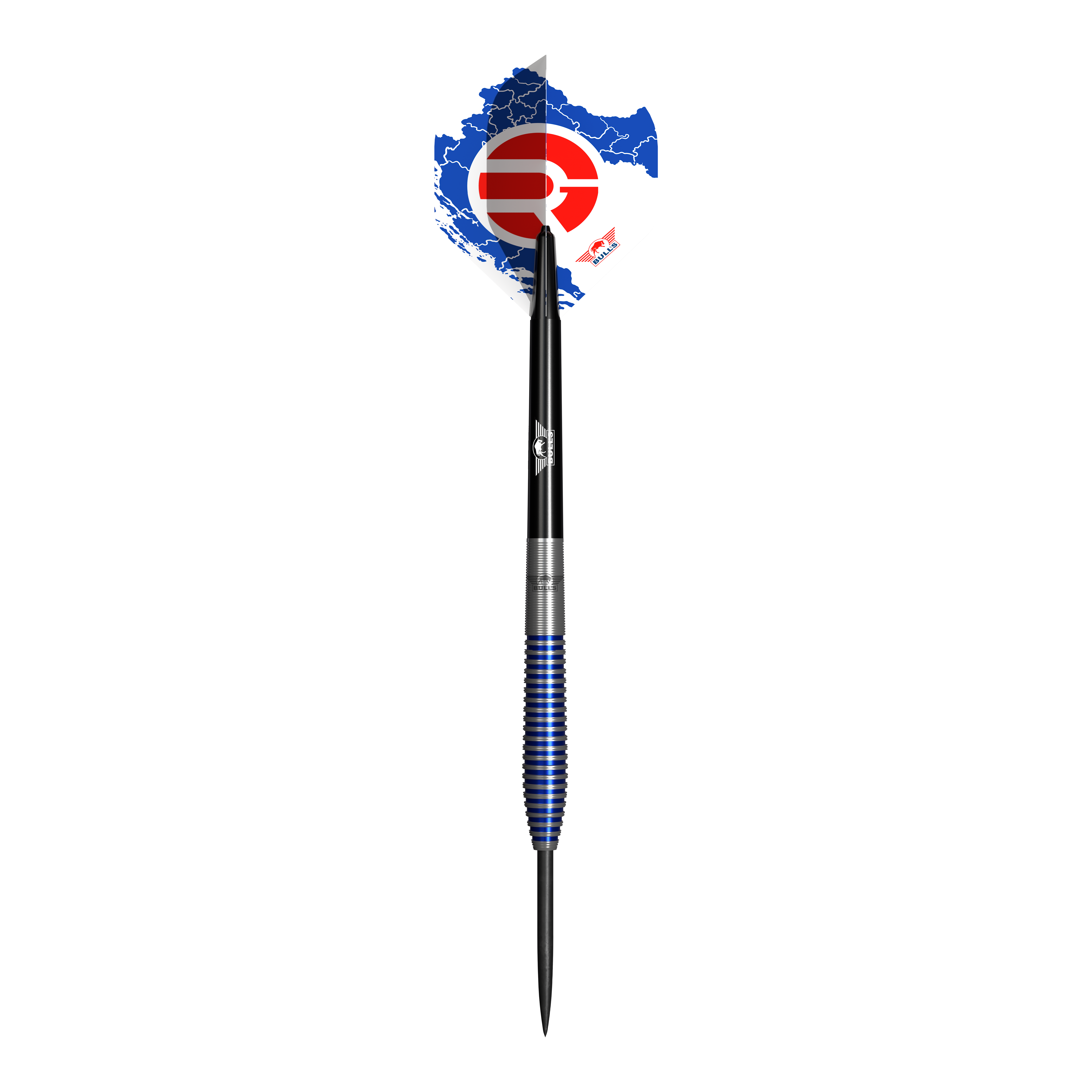 Fléchettes en acier Bulls NL Romeo Grbavac - 23 g Das Bild zeigt einen Steeldart namens "Bulls NL Romeo Grbavac Steeldarts - 23g". Der Dartpfeil hat einen schwarz-silber-blauen Schaft und eine Flights mit blau-weiß-rotem Design.