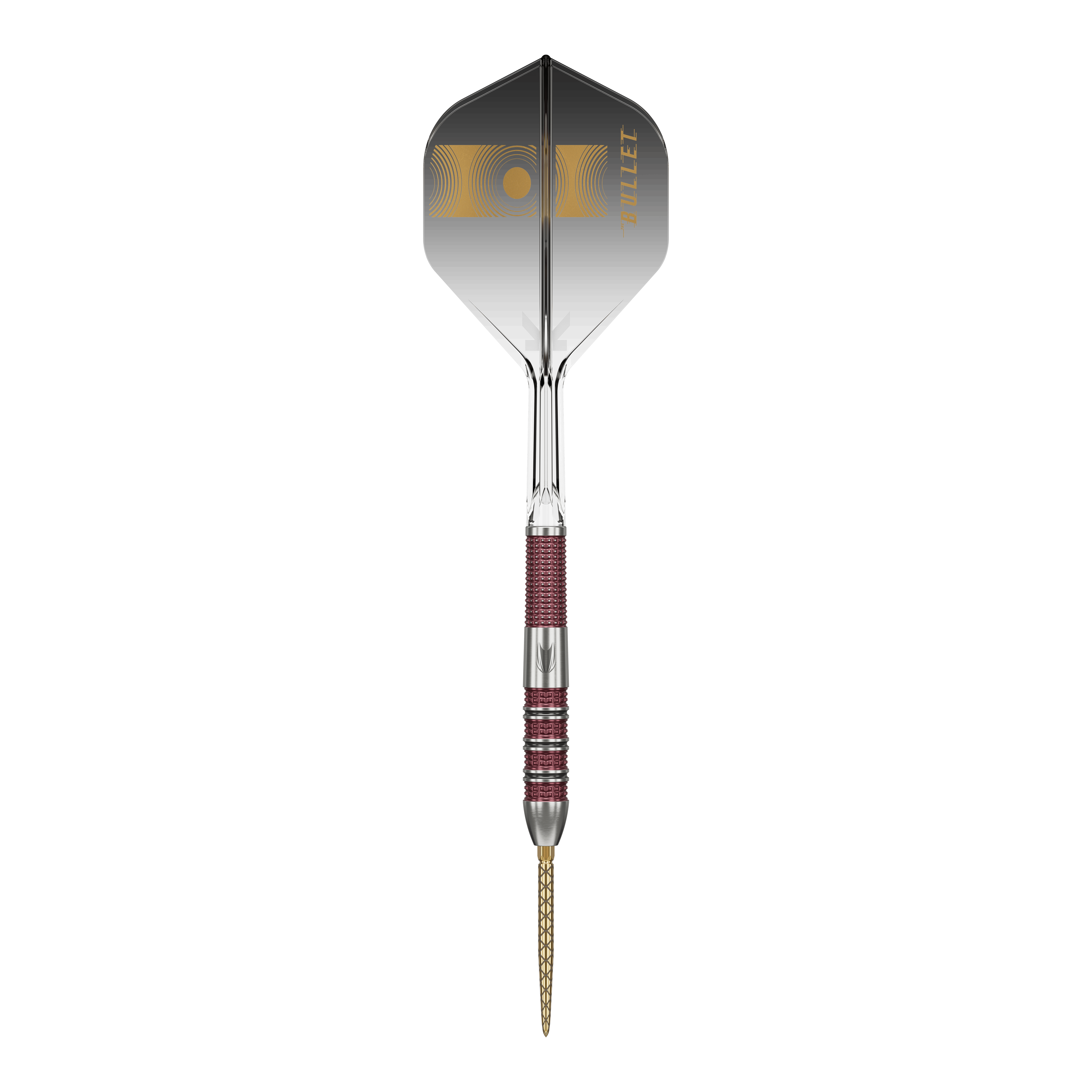 Fléchettes en acier à pointe suisse Target Stephen Bunting 95K Das Bild zeigt einen Target Stephen Bunting 95K Swiss Point Steeldart. Der Dart hat ein elegantes Design mit einer Mischung aus silbernen und roten Elementen sowie einer schwarzen Flügel mit goldener Aufschrift.