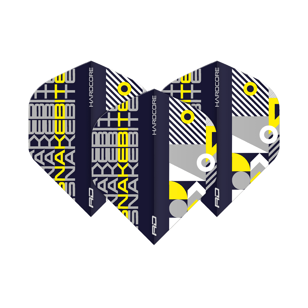 Das Bild zeigt drei Dartflights mit einem modernen, grafischen Design in Schwarz, Gelb, Grau und Weiß. Auf den Flights steht der Schriftzug "SNAKEBITE" und "HARDCORE" in auffälligen Buchstaben.