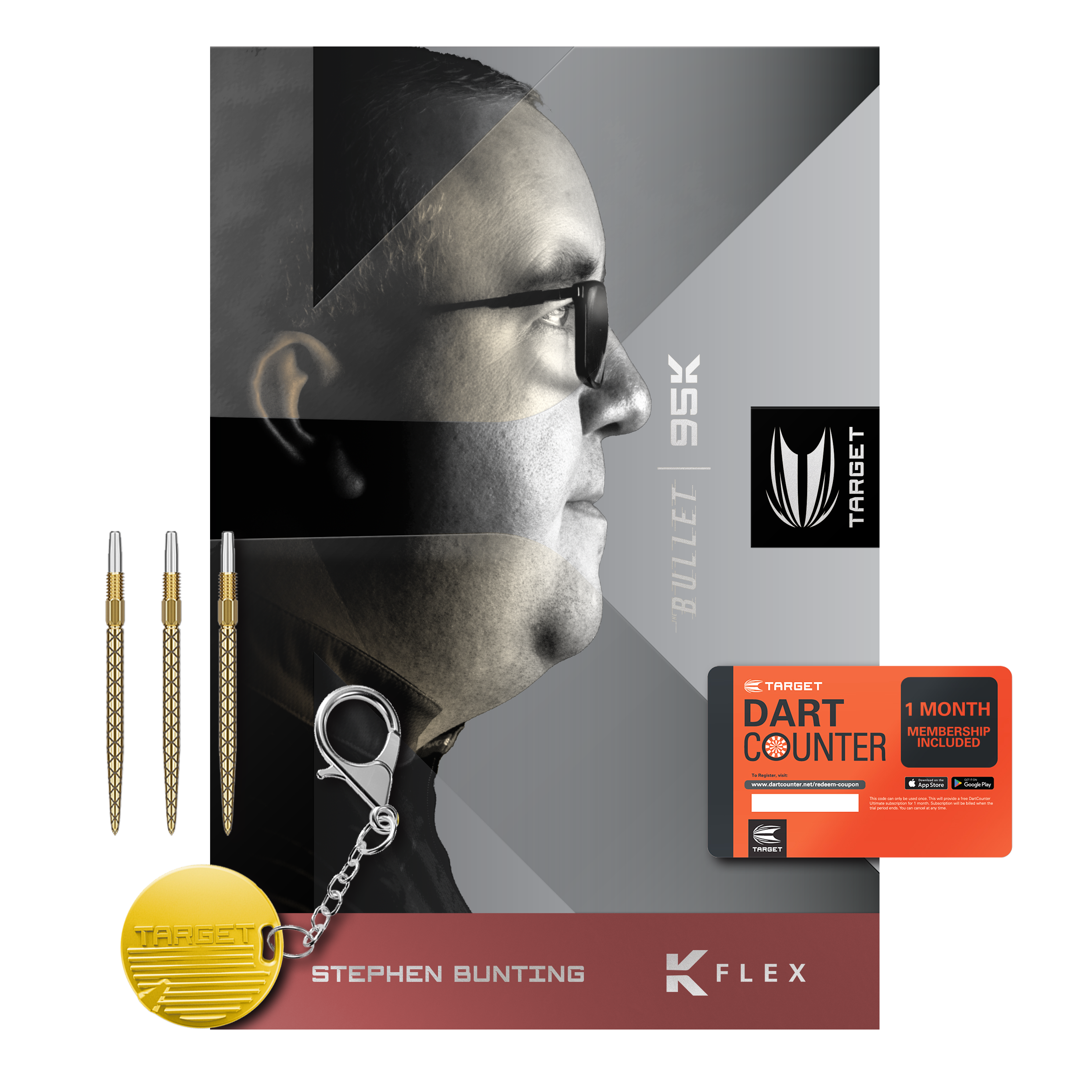 Fléchettes en acier à pointe suisse Target Stephen Bunting 95K Das Bild zeigt das Produkt "Target Stephen Bunting 95K Swiss Point Steeldarts" mit drei Dartpfeilen, einem Schlüsselanhänger und einer Dart Counter-Mitgliedskarte. Auf der Verpackung ist ein Porträtfoto von Stephen Bunting abgebildet.