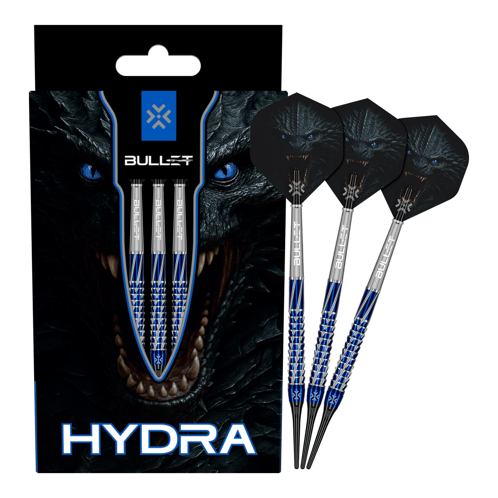 Fléchettes souples Bullet Hydra - 20 g Bullet Hydra Softdarts - 20g Darts werden vollständig und aus mehreren Winkeln gezeigt. Das Bild vermittelt einen vollständigen Eindruck des gesamten Produkts.