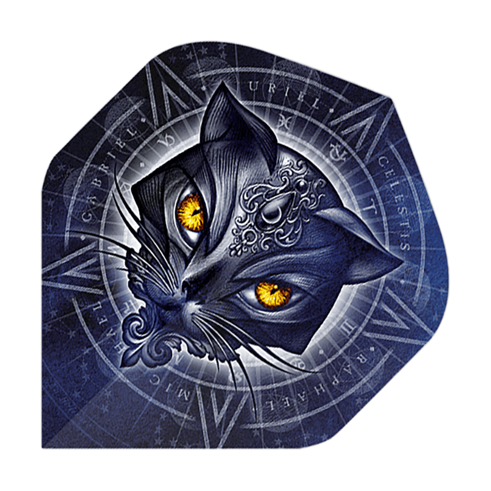 Vols standard Alchemy Star Of Ailouros No2 Das Bild zeigt einen stilisierten Katzenkopf mit leuchtend gelben Augen vor einem mystischen, blauen Hintergrund. Im Hintergrund sind verschiedene Symbole und Schriftzüge in einem kreisförmigen Muster angeordnet.