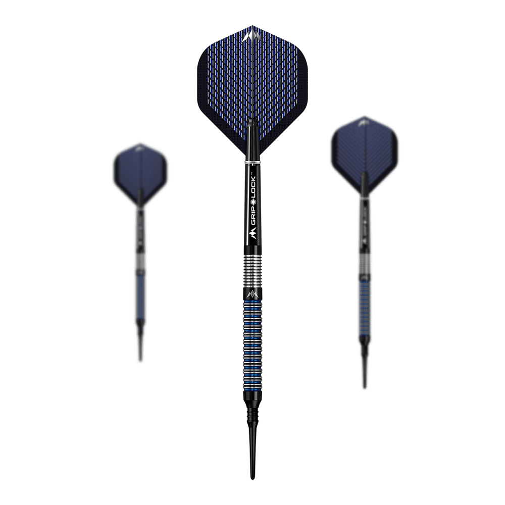 Fléchettes souples Mission Nightfall Modèle 1 Das Bild zeigt drei Softdarts des Modells "Mission Nightfall Model 1". Die Darts haben schwarze Spitzen, blaue Flügel und einen silber-blau gestreiften Griff.