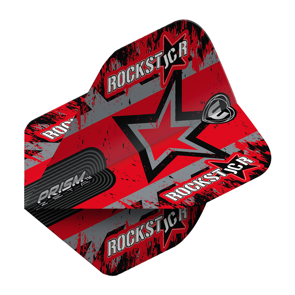 6915-319_Winmau_Prism_Zeta_Joe_Cullen_Star_Standard_Flights_2B7qrHj8v3tTYd Das Bild zeigt die Winmau Prism Zeta Joe Cullen Star Standard Flights. Sie sind rot mit schwarzen und grauen Akzenten und tragen den Schriftzug „Rockstar“ sowie einen großen Stern.