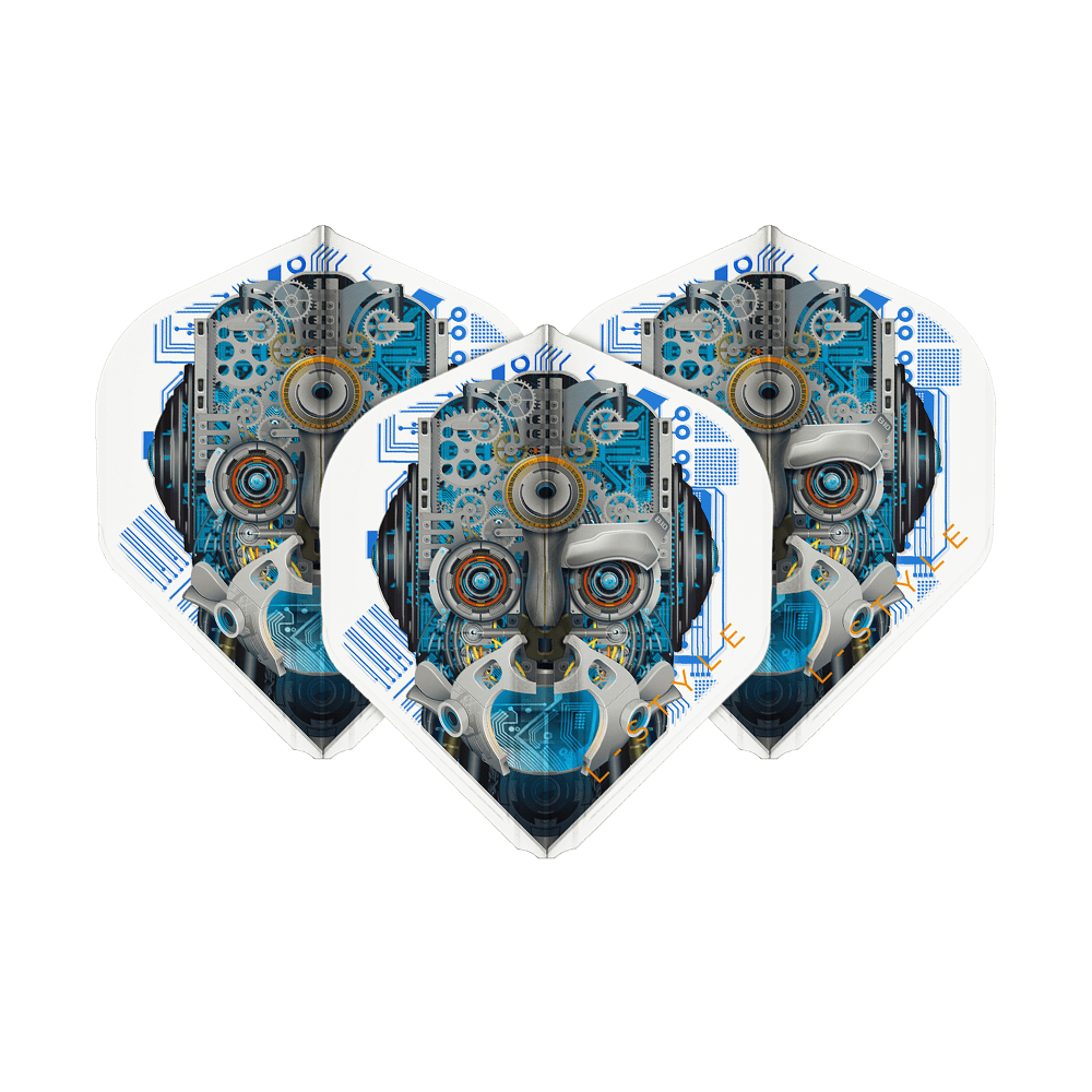 Das Bild zeigt drei Dartflights mit einem futuristischen Roboter-Design in Blau- und Grautönen. Die Flights sind von der Marke L-Style und heißen "Berry Van Peer V3 Clear White L1EZ".