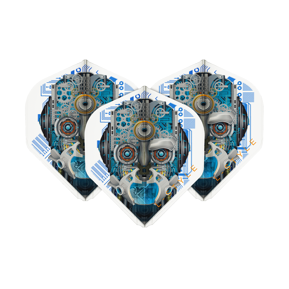 Vols L-Style Berry Van Peer V3 Blanc Transparent L1EZ Das Bild zeigt drei Dartflights mit einem futuristischen Roboter-Design in Blau- und Grautönen. Die Flights sind von der Marke L-Style und heißen "Berry Van Peer V3 Clear White L1EZ".