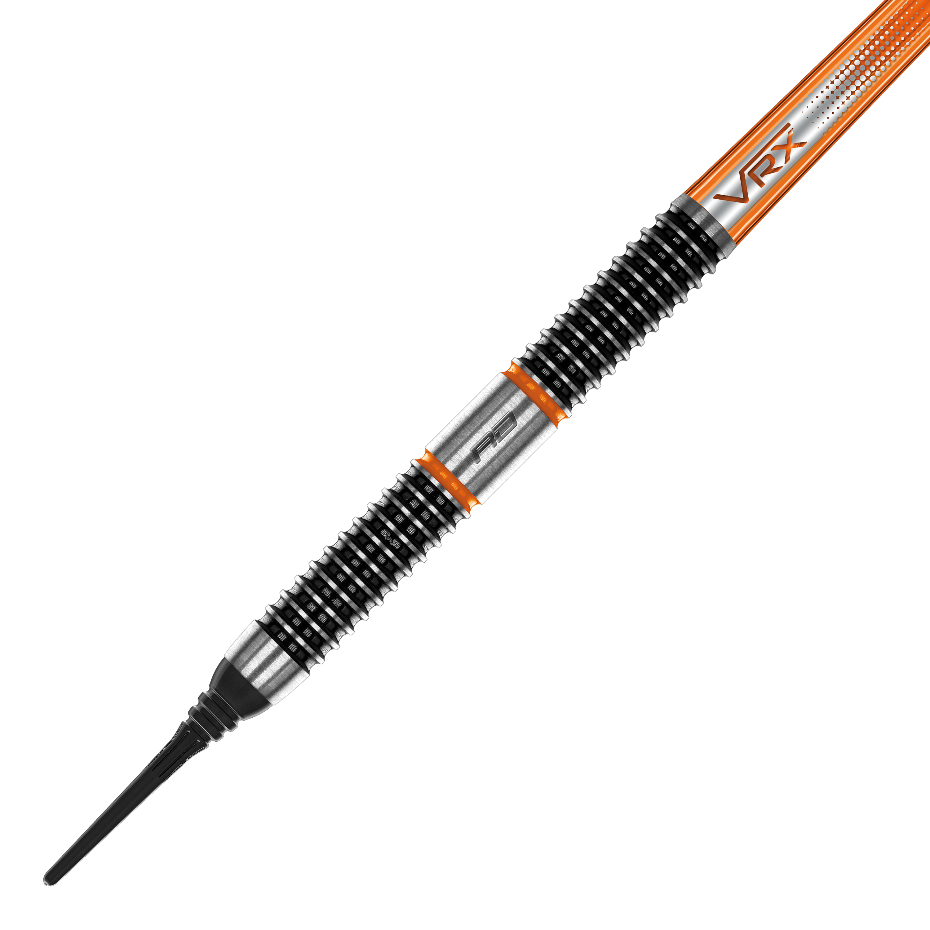 Red Dragon Amberjack 18 fléchettes souples - 20 g Das Bild zeigt einen Red Dragon Amberjack 18 Softdart mit einem Gewicht von 20 Gramm. Der Dartpfeil hat ein markantes Design mit schwarzen und silbernen Rillen sowie orangen Akzenten.