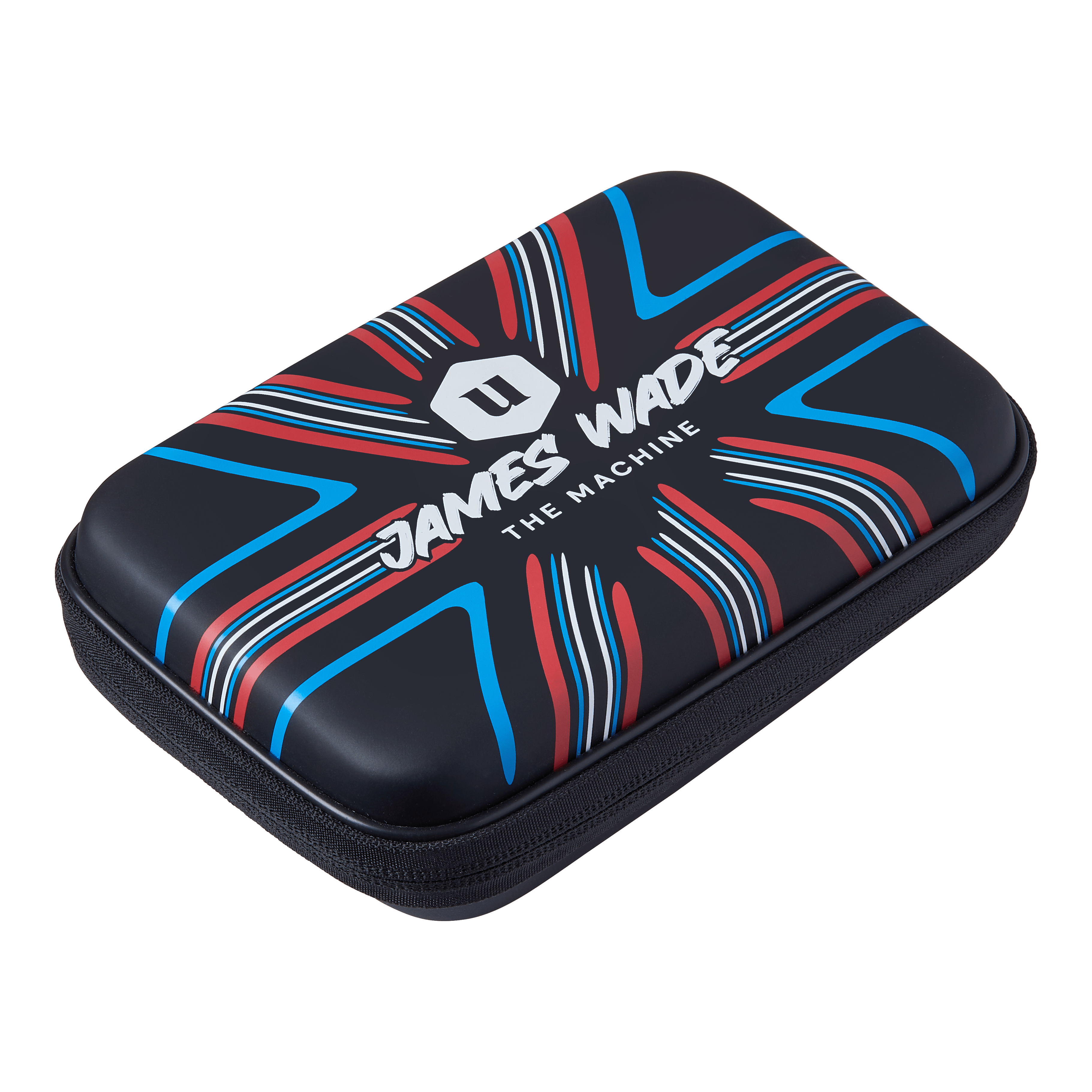 Portefeuille de fléchettes Unicorn Ultra James Wade Das Bild zeigt ein Dartwallet mit dem Aufdruck "James Wade The Machine". Das Etui ist schwarz mit roten, blauen und weißen Designelementen.