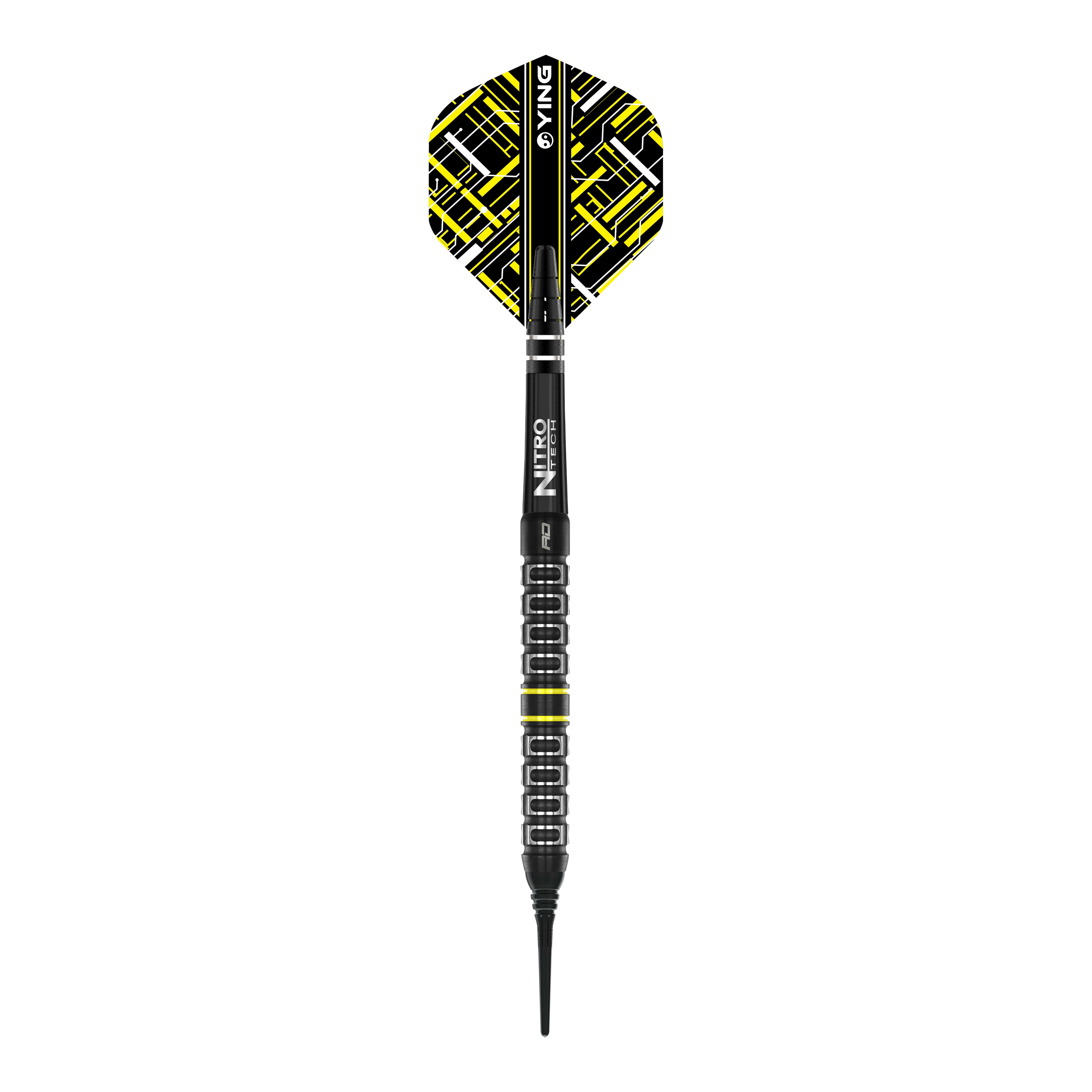 Fléchettes souples parallèles Red Dragon Astraeus Q4X - 20 g Das Bild zeigt einen Red Dragon Astraeus Q4X Parallel Softdart mit einem Gewicht von 20g. Der Dart hat schwarze und gelbe Designelemente und eine strukturierte Griffzone.