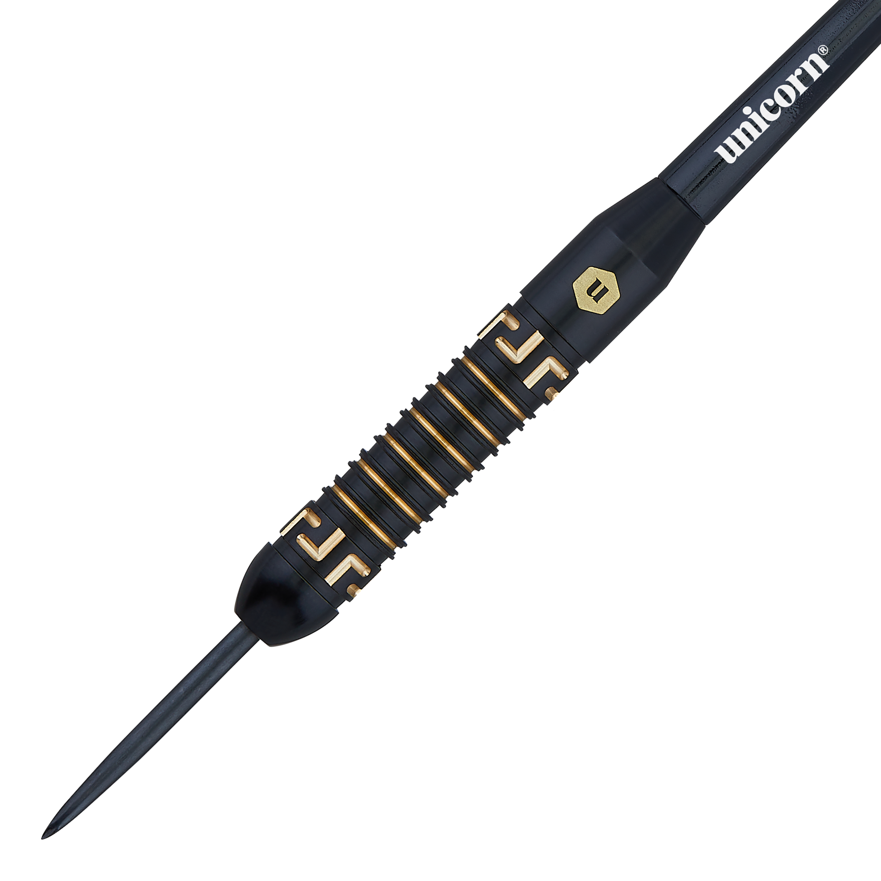 Fléchettes en acier Unicorn Top Brass V1 - 20 g Das Bild zeigt einen Unicorn Top Brass V1 Steeldart mit einem Gewicht von 20 Gramm. Der Dart ist überwiegend schwarz mit goldenen Akzenten und besitzt ein geriffeltes Griffstück für besseren Halt.