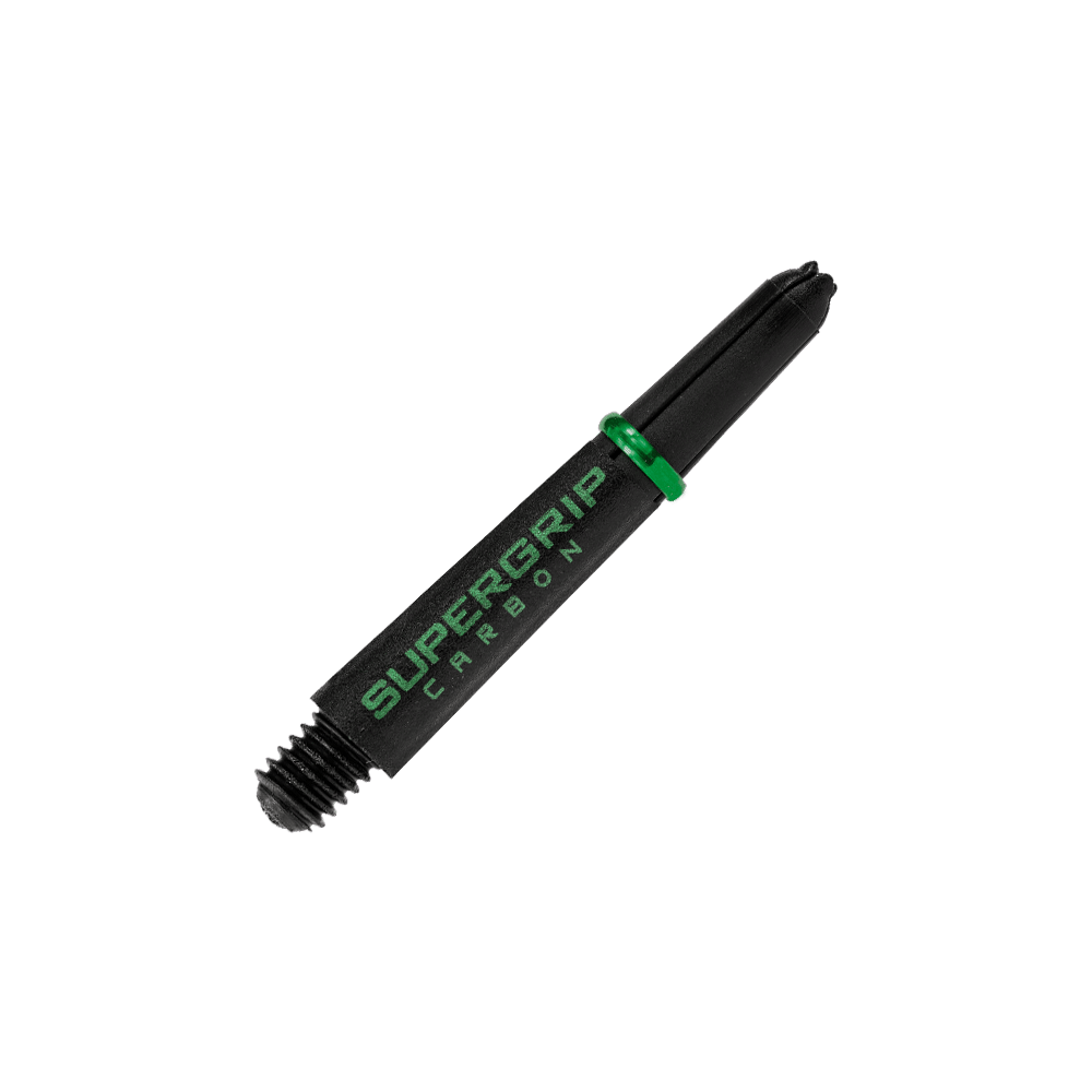 HR360_Harrows_Supergrip_Carbon_Shafts_Gr-n_33mm_2 Das Bild zeigt einen Harrows Supergrip Carbon Shaft in Grün. Der Schaft ist schwarz mit grüner Aufschrift und grünen Akzenten.