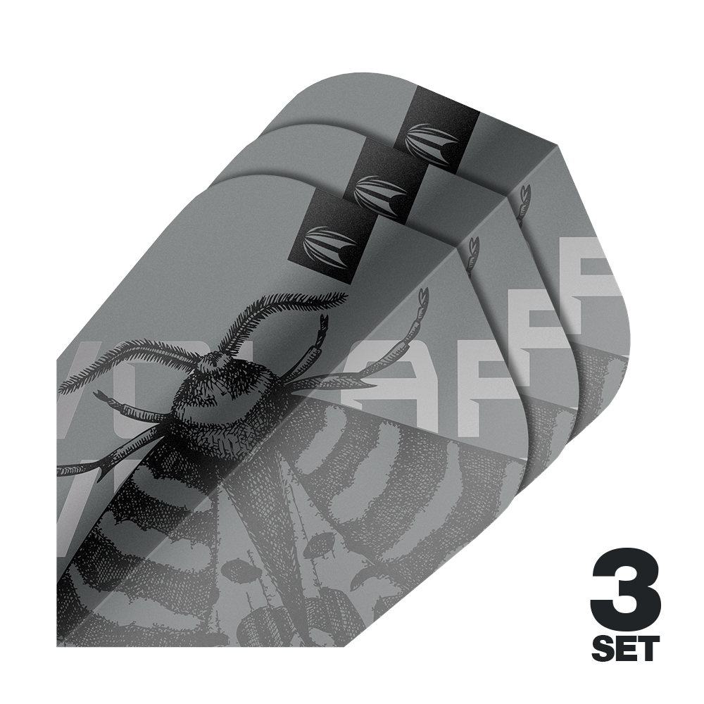 Ailettes Target Pro Ultra Volar Ten-X - 3 jeux Das Bild zeigt drei Sätze Target Pro Ultra Volar Ten-X Flights in grau mit einem stilisierten Insekten-Design. In der Ecke steht "3 Set" in schwarzer Schrift.