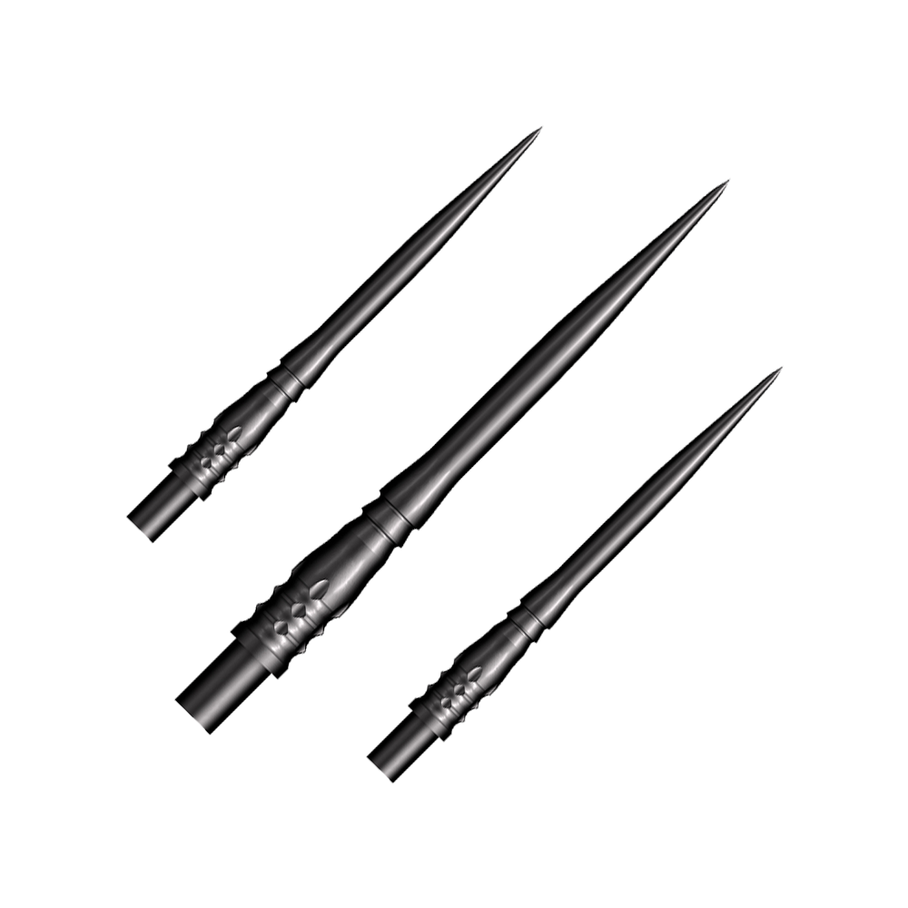 Pointes de fléchettes en acier Shot Cone Rocket - Noires - 35 mm Das Bild zeigt drei schwarze Steeldart-Spitzen des Modells "Shot Cone Rocket" mit einer Länge von 35 mm. Die Spitzen sind schlank, spitz zulaufend und haben ein filigranes Design.