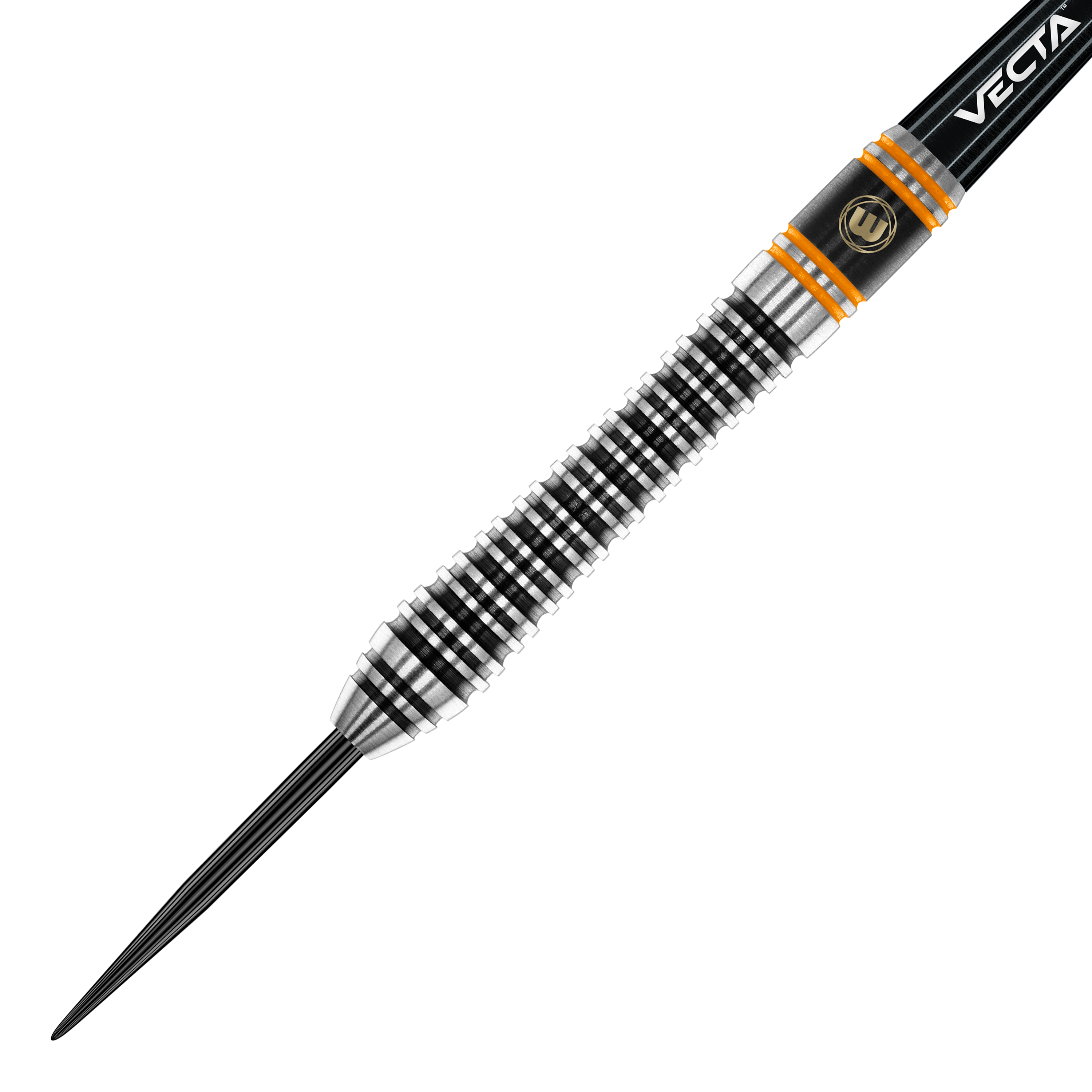 Winmau Danny Noppert Signature Edition 2 fléchettes en acier Das Bild zeigt einen Winmau Danny Noppert Signature Edition 2 Steeldart. Der Dart hat ein silbernes und schwarzes Rillendesign mit orangenen Akzenten.