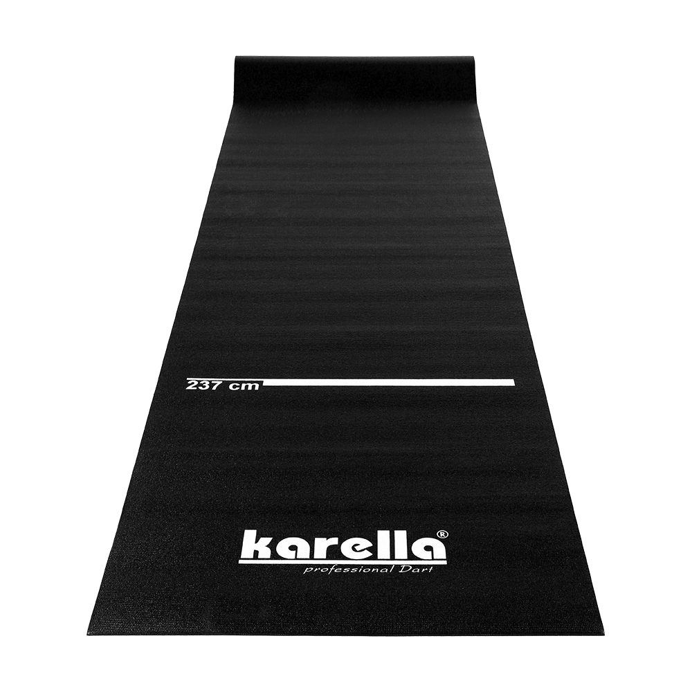 808701_Karella_Dartmatte_Eco-Star_1 Die Abbildung zeigt die Karella Dartmatte Eco-Star. Die Matte ist schwarz und besitzt eine Markierung bei 237 cm sowie ein großes Karella-Logo.