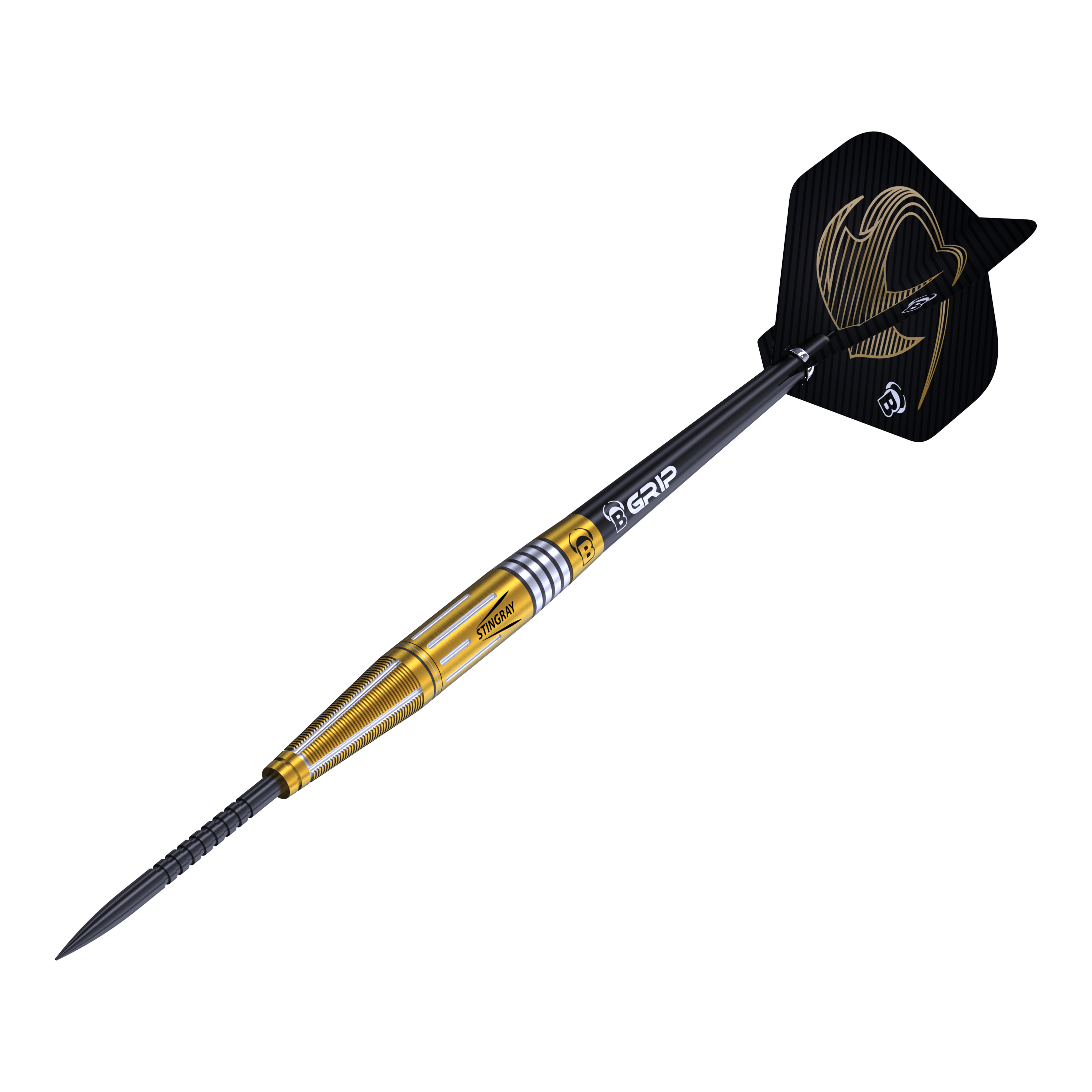 Fléchettes en acier Bulls Stingray ST4 Das Bild zeigt einen Bulls Stingray ST4 Steeldart. Der Dart hat ein goldfarbenes Barrel und schwarze Flights mit einem auffälligen Design.