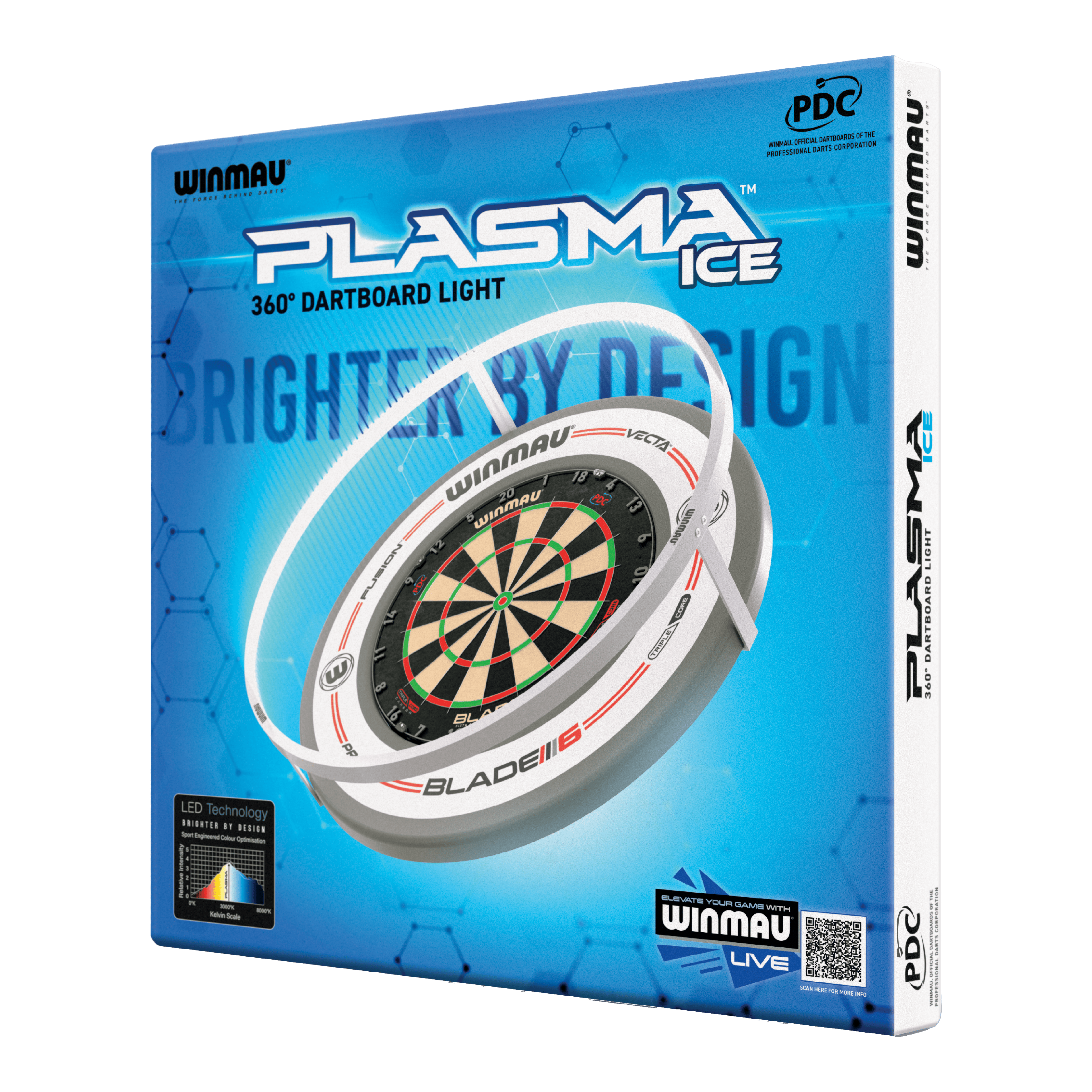 Lampe de fléchettes à LED Winmau Plasma Ice Die Abbildung zeigt die Verpackung des "Winmau Plasma Ice LED Dartboard Light". Das Produkt bietet eine 360° Beleuchtung für Dartboards.