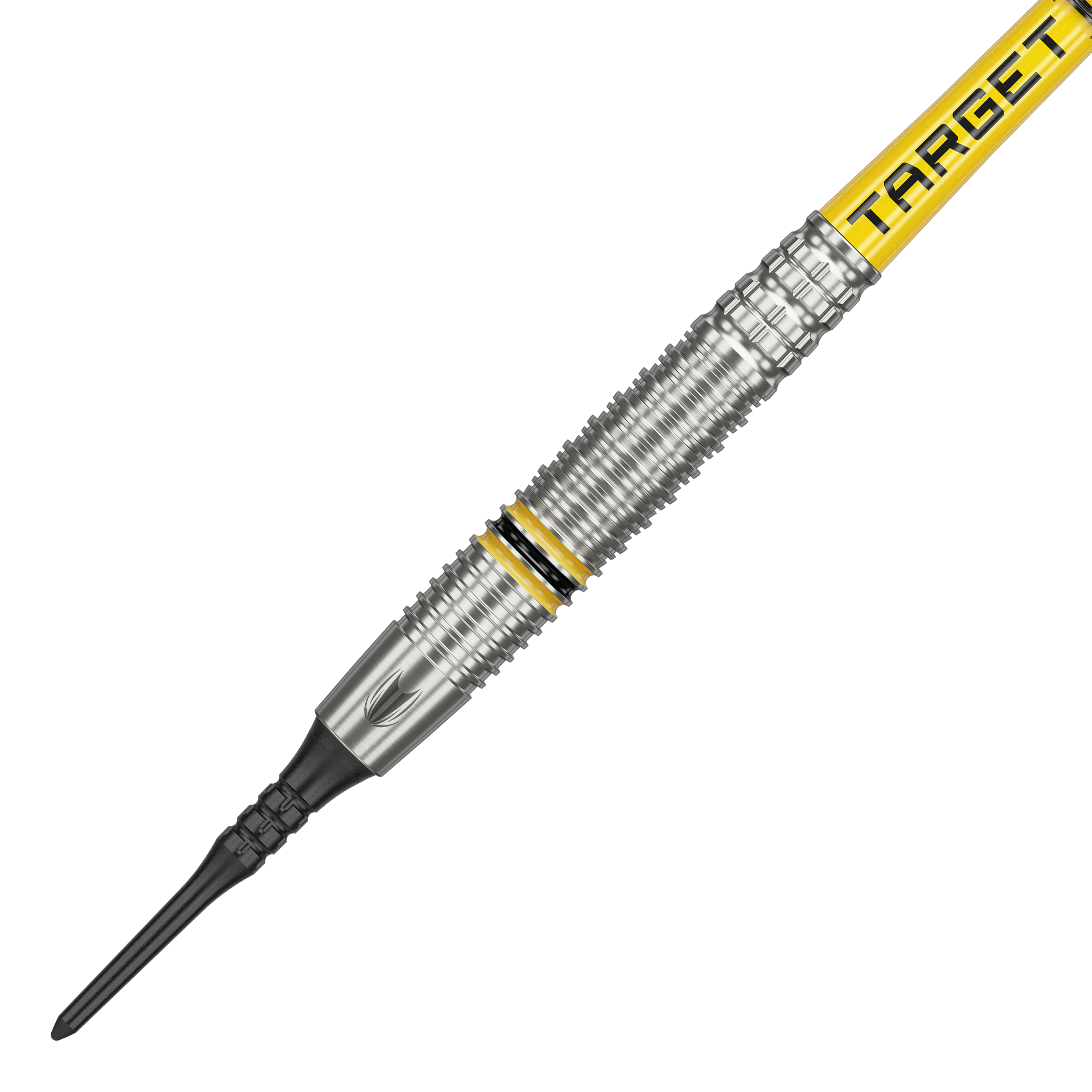 Das Bild zeigt einen Target Scott Williams GEN2 Softdart mit einem Gewicht von 18 Gramm. Der Dart hat silberne Rillen und gelbe Akzente sowie die Aufschrift "TARGET" auf dem Schaft.