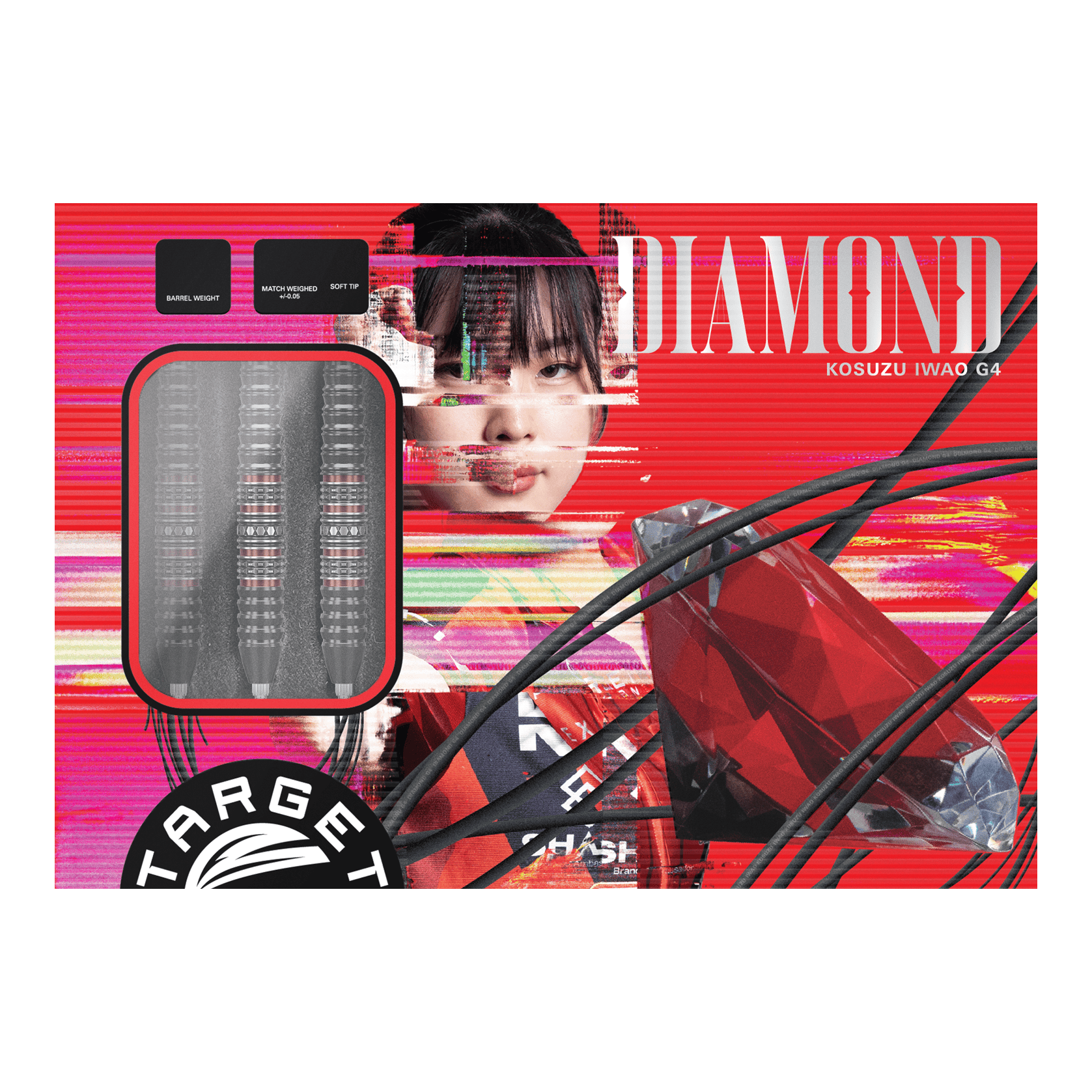 Abgebildet sind die Target Japan Prime Series Diamond Kosuzu Iwao GEN4 Swiss Point Steeldarts. Diese Darts zeichnen sich durch ein elegantes Design und präzise Verarbeitung aus.