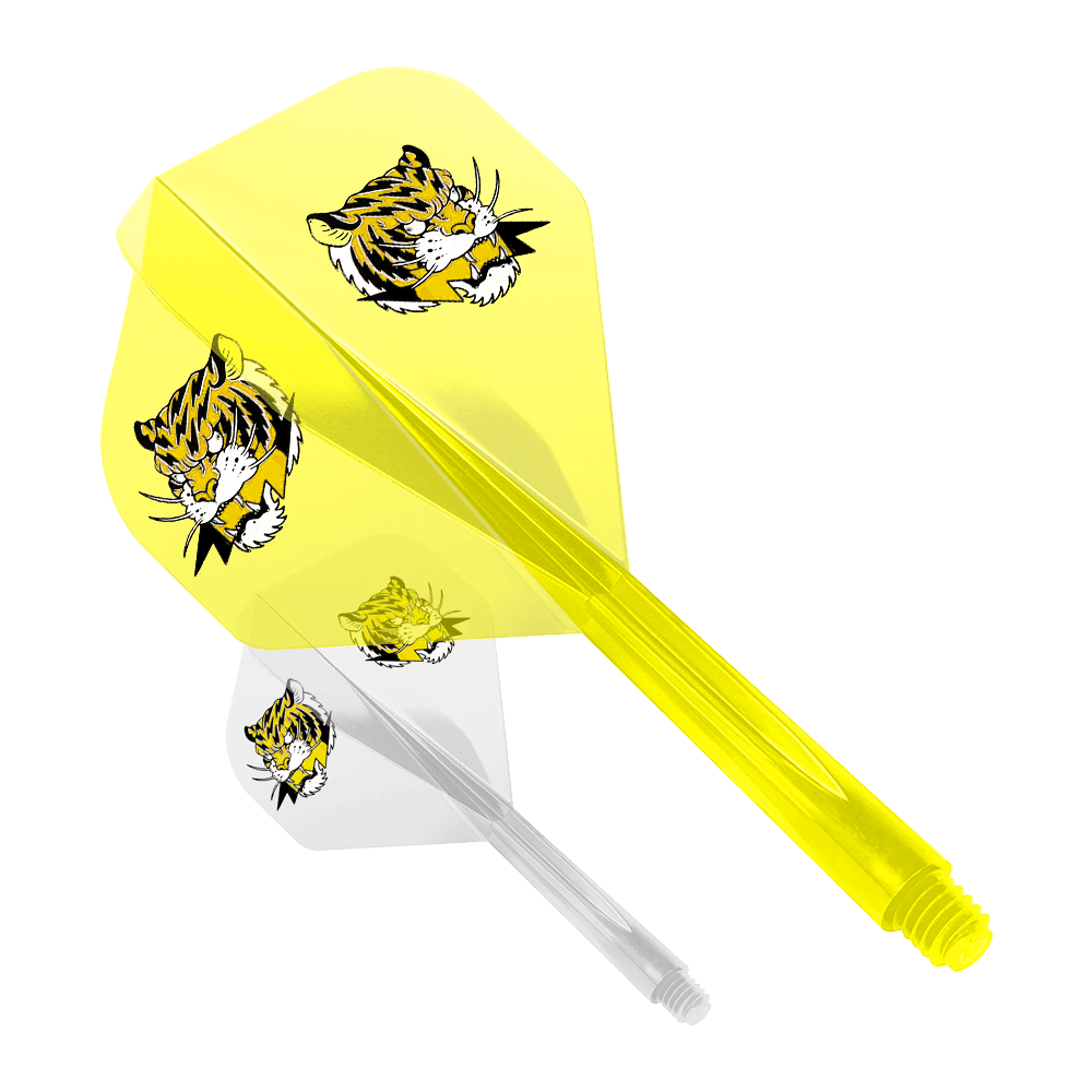 Condor AX Inazuma Tiger Mix Flight System Jaune Clair - Standard Das Bild zeigt zwei Dart-Flights des Modells "Condor AXE Inazuma Tiger Mix Flight-System" in Gelb und Transparent. Beide Flights sind mit einem Tigerkopf-Motiv bedruckt.