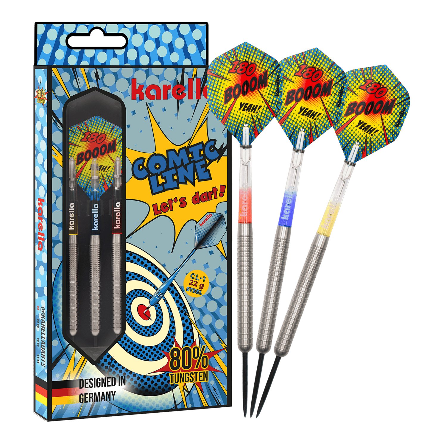 Fléchettes en acier Karella Comic Line CL-1 - 22 g Das Bild zeigt den Karella Comic Line CL-1 Steeldarts - 22g. Es veranschaulicht die vollständige Ansicht des Steeldartpfeils.