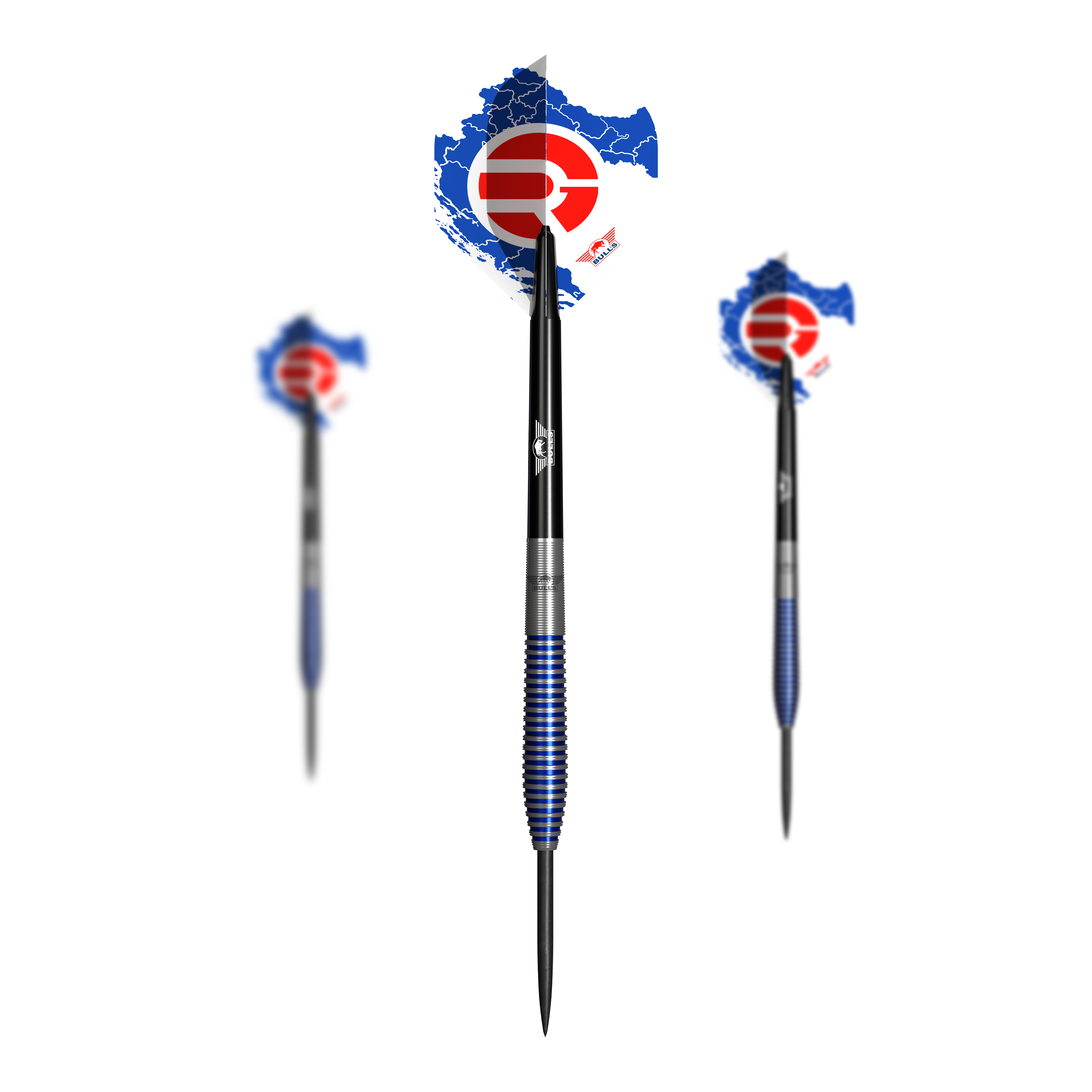Fléchettes en acier Bulls NL Romeo Grbavac - 23 g Das Bild zeigt drei Steeldarts des Produkts "Bulls NL Romeo Grbavac Steeldarts - 23g". Die Darts haben blaue, silberne und schwarze Akzente sowie Flights mit einem roten und blauen Muster.