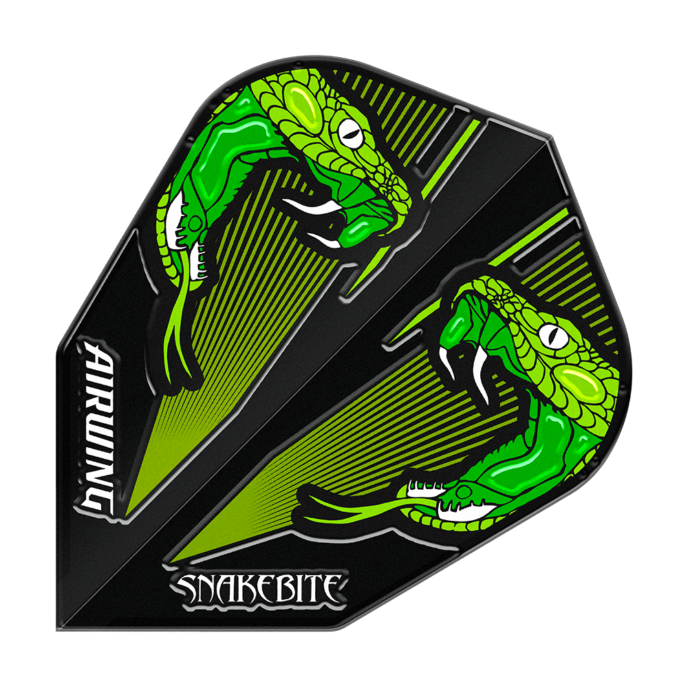 Vols Red Dragon Airwing Peter Wright Green V-Standard Das Bild zeigt einen Dartflight mit zwei grünen Schlangen auf schwarzem Hintergrund. Die Wörter "AIRWING" und "SNAKEBITE" sind auf dem Flight zu sehen.