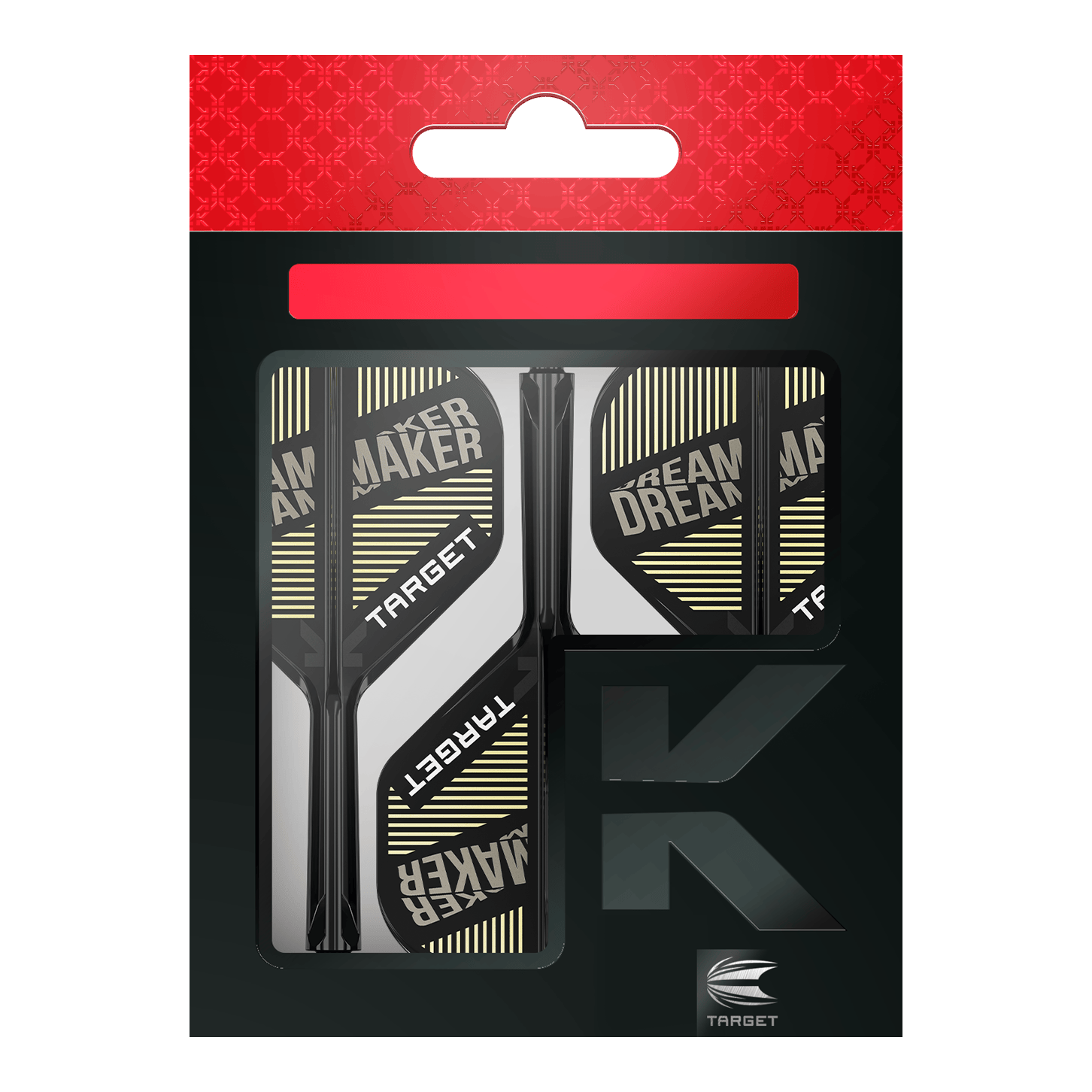 Système d'arbre de vol standard Target K-Flex Dimitri Van Den Bergh No2 Das Bild zeigt eine Verpackung mit Dart-Flights und Schäften der Marke Target. Auf den Flights steht der Text "DREAM MAKER".