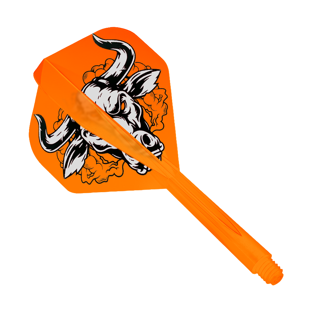 Condor Axe Aussie Bull Orange Système de vol standard Auf dem Bild ist ein orangefarbenes Dartflight-System mit einem auffälligen Bullen-Design zu sehen. Das Produkt heißt "Condor Axe Aussie Bull Orange Flight-System Standard".