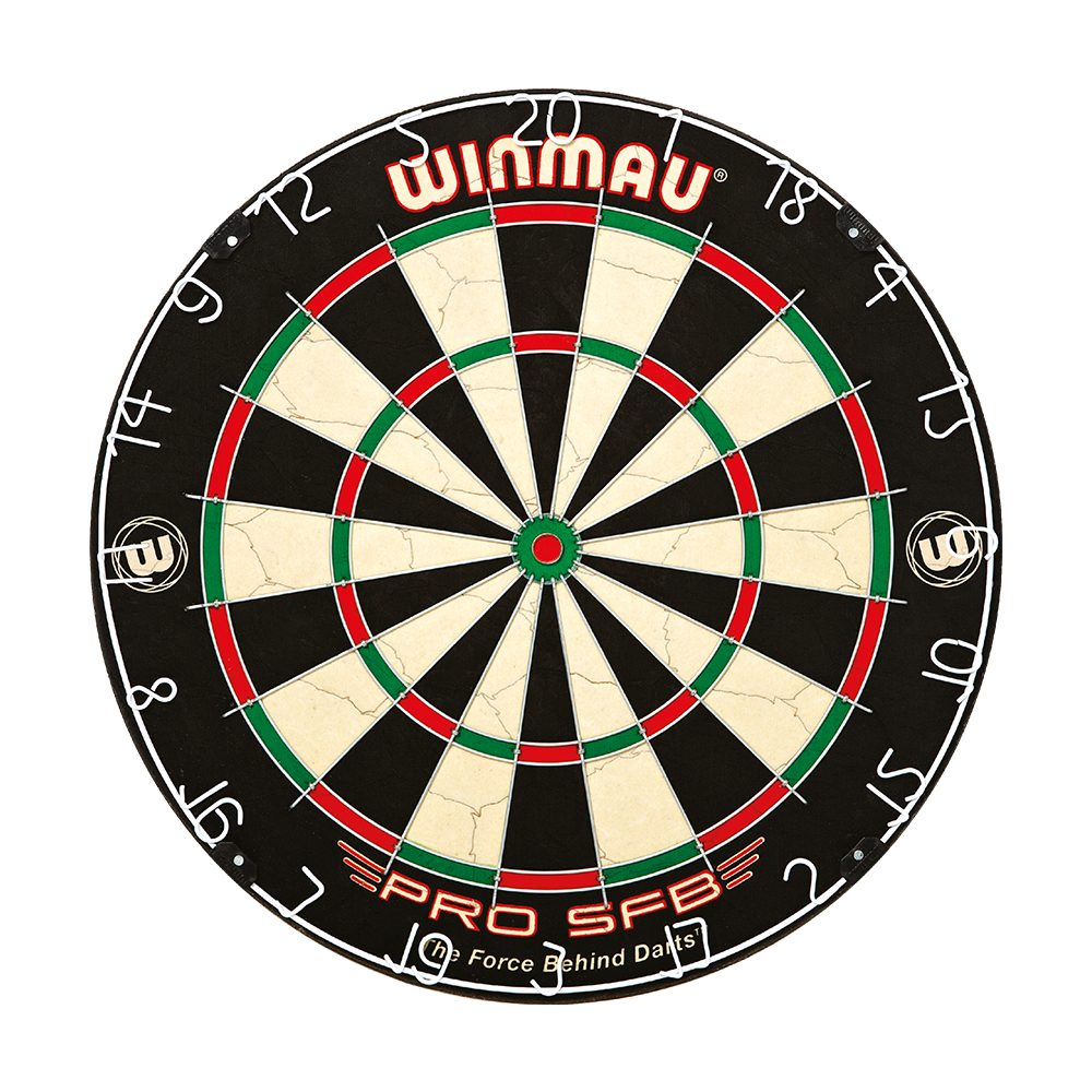 1602_Winmau_Pro_SFB_Dartboard_1Fx9cZbulZ9yaC Das Bild zeigt eine Winmau Pro SFB Dartboard. Die Dartscheibe ist rund und in typische Segmente unterteilt, mit auffälligen roten, grünen, schwarzen und weißen Bereichen.