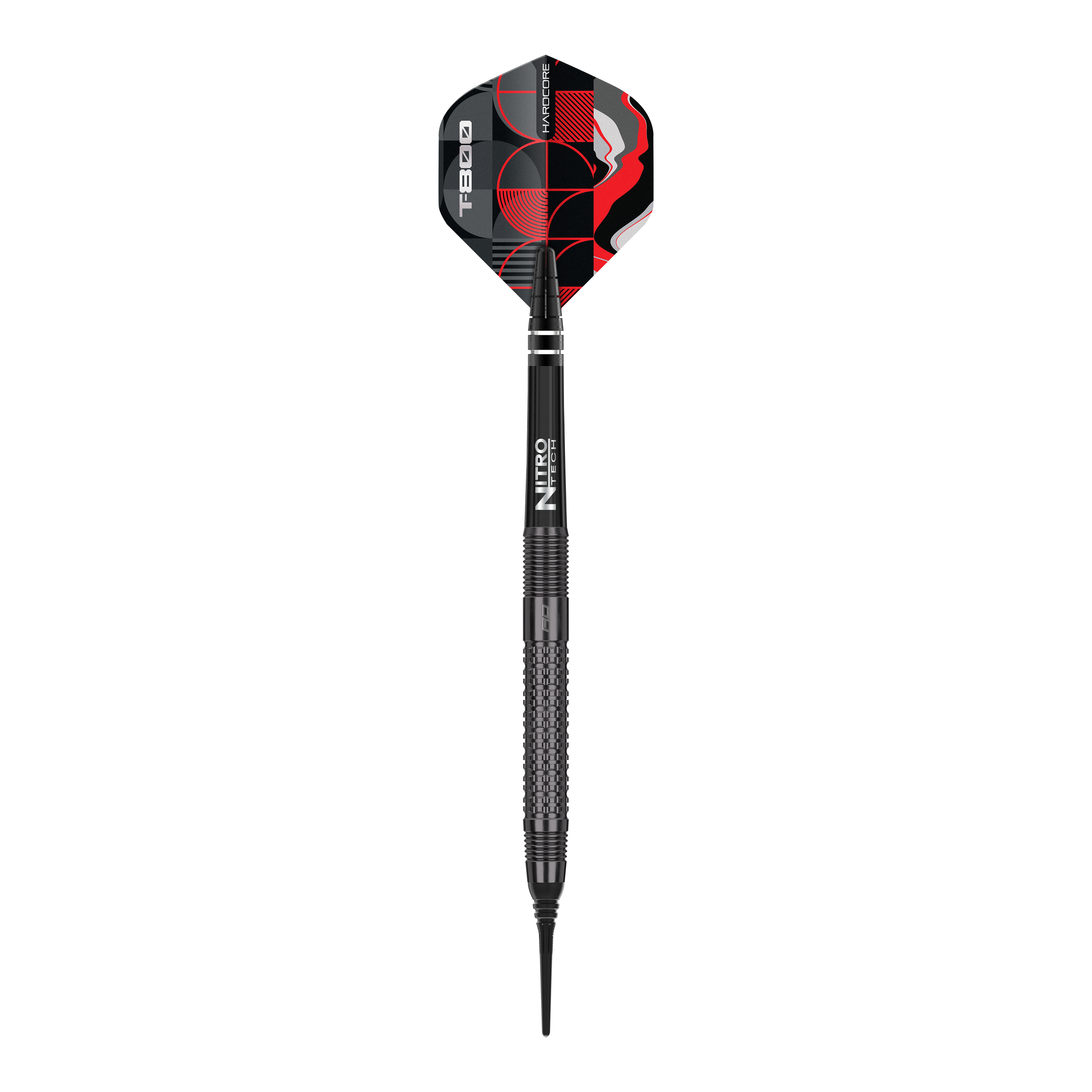 Fléchettes souples Red Dragon T-800 - 20 g Das Bild zeigt einen Red Dragon T-800 Softdart mit einem Gewicht von 20g. Der Dart ist schwarz mit roten und weißen Designelementen auf dem Flight.