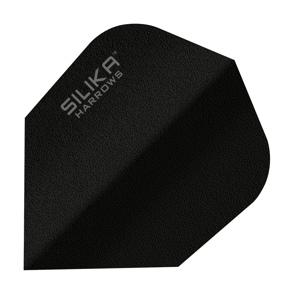 Harrows Silice Solide Revêtement Cristallin Résistant Noir No6 Flight Das Bild zeigt einen schwarzen Dartflight mit der Aufschrift "SILIKA HARROWS". Es handelt sich um das Modell "Silika Solid Tough Crystalline Coating Black No6".