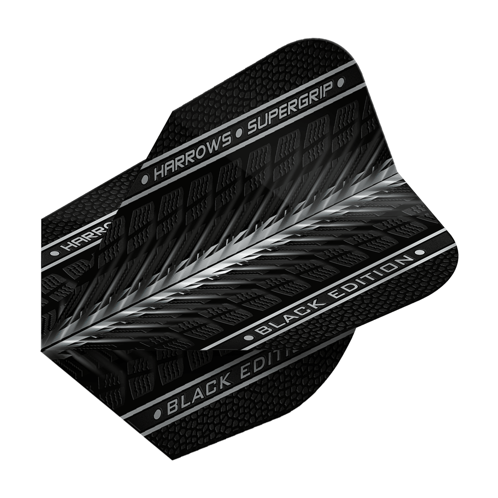 Ailettes Harrows Supergrip Black Edition n°6 Das Bild zeigt das Produkt "Harrows Supergrip Black-Edition No6 Flights" in schwarzem Design. Auf dem Flight sind die Schriftzüge "HARROWS • SUPERGRIP" und "BLACK EDITION" zu sehen.