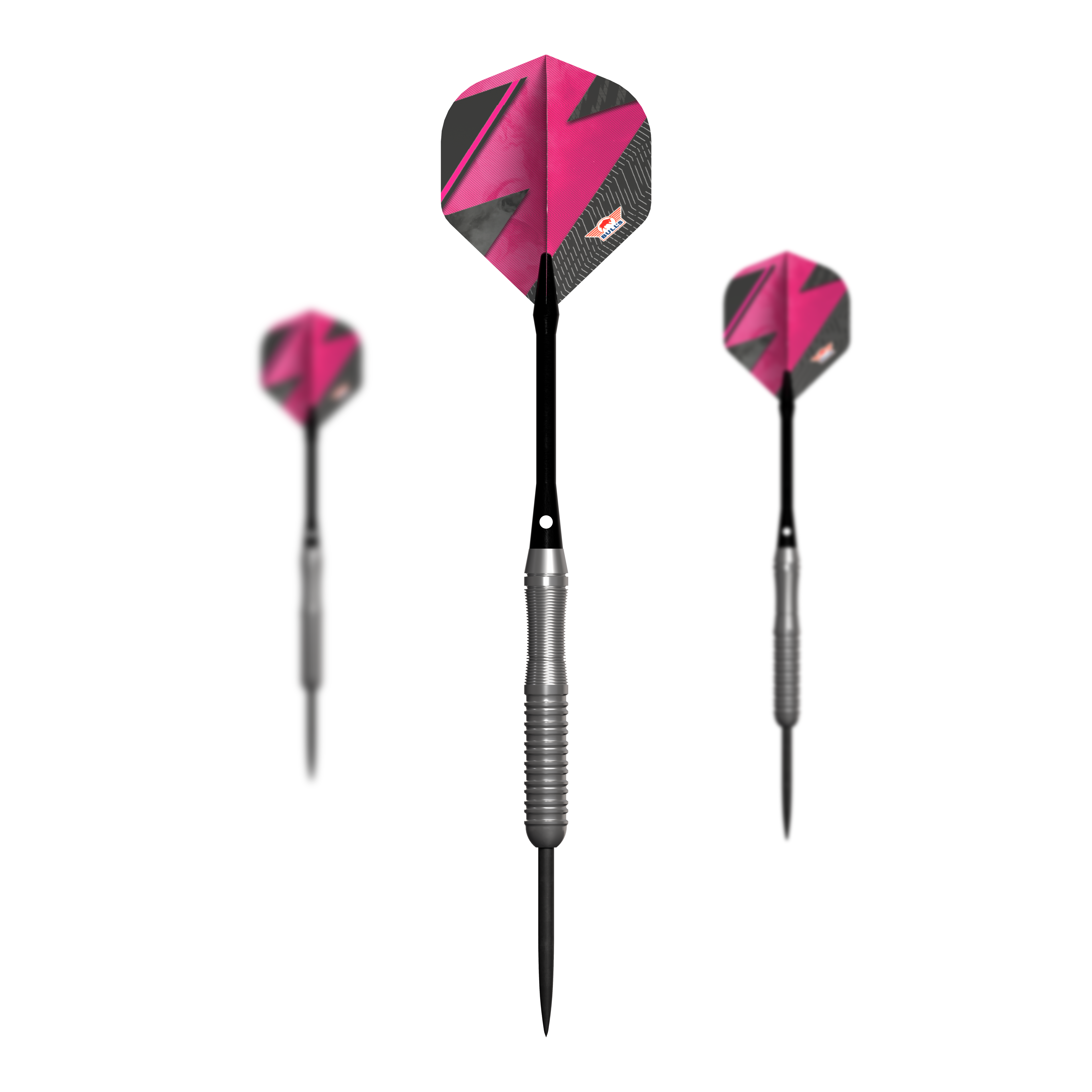 Fléchettes en acier Bulls NL Lightning Pink Das Bild zeigt drei Steeldarts mit silbernem Griff und pink-schwarzen Flights. Es handelt sich um das Produkt "Bulls NL Lightning Pink Steeldarts".
