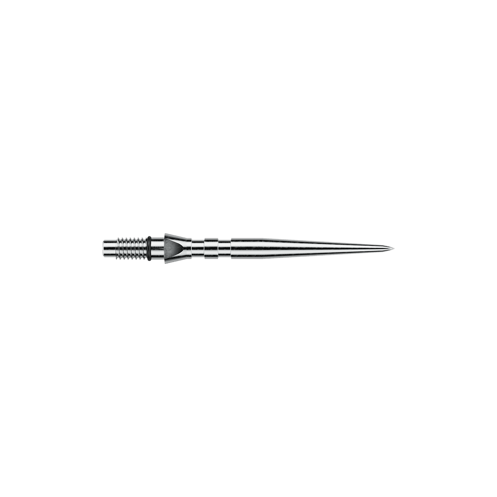 Pointes de fléchettes en acier Winmau Switch Point Groove - Effet argenté Das Bild zeigt silberfarbene Steeldartspitzen mit Rillen, vermutlich 'Switch Point Groove Silver Effect' und 26mm lang. Die Spitzen sind für Steeldarts vorgesehen.