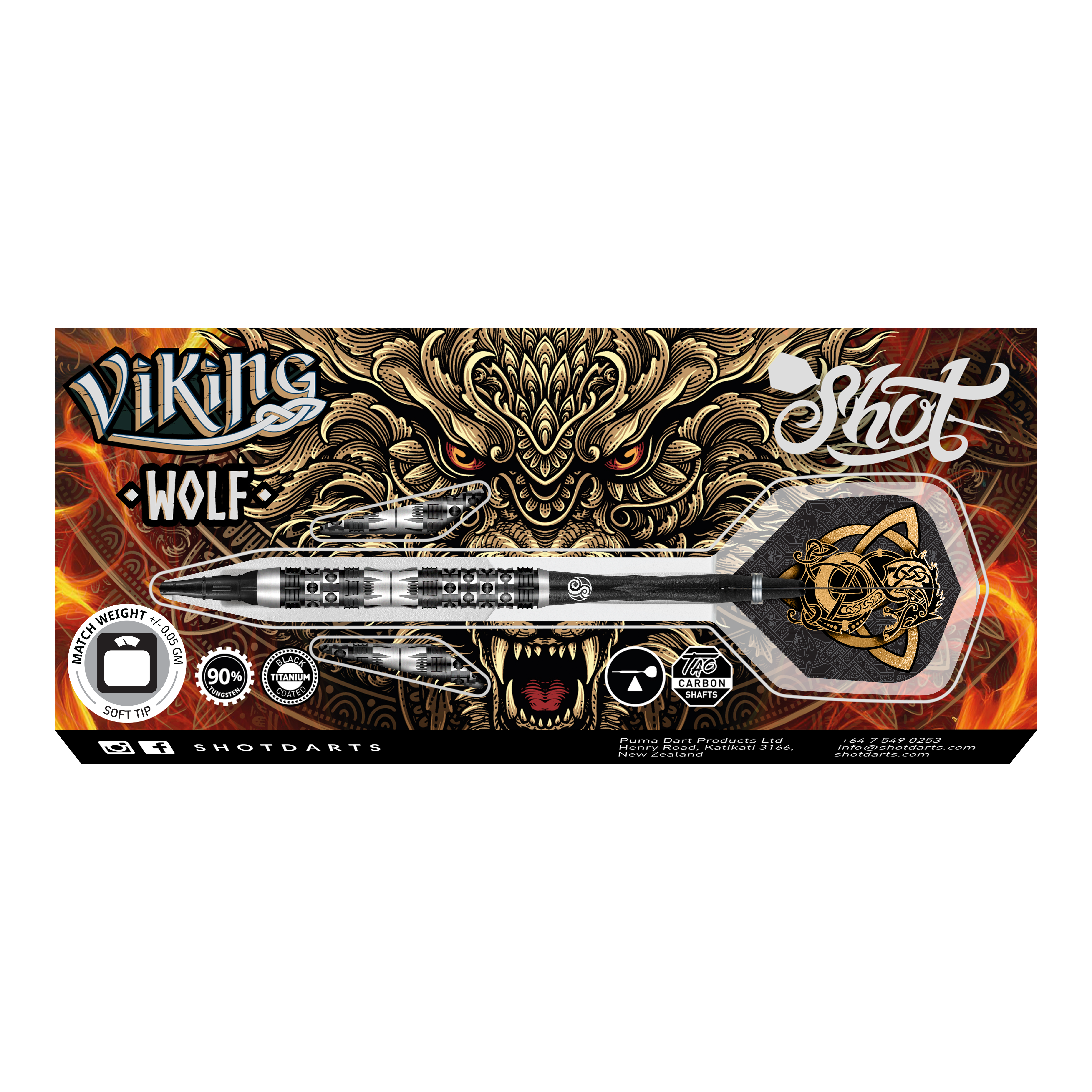 Fléchettes souples Shot Viking Wolf - 20 g Das Bild zeigt das Produkt "Shot Viking Wolf Softdarts - 20g" mit einem dekorativen Wolfdesign im Hintergrund. Die Verpackung hebt die Merkmale des Softdarts hervor, darunter das Gewicht von 20 Gramm und die hochwertige Verarbeitung.