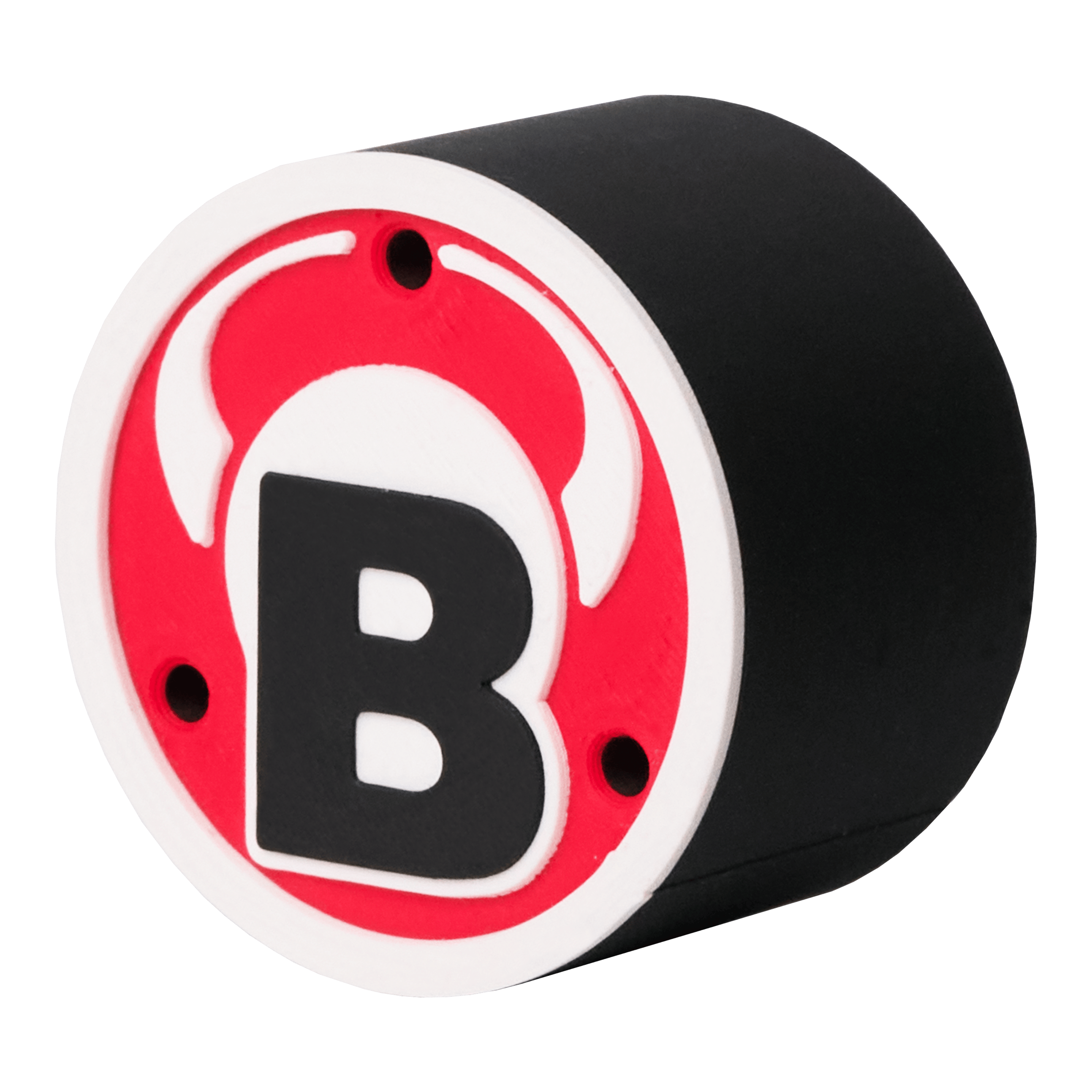 Porte-fléchettes rond avec logo Bulls Das Bild zeigt ein rundes schwarzes Produkt mit einem roten und weißen Logo auf der Vorderseite. In der Mitte des Logos befindet sich ein großes schwarzes "B" mit weißen Hörnern darüber.