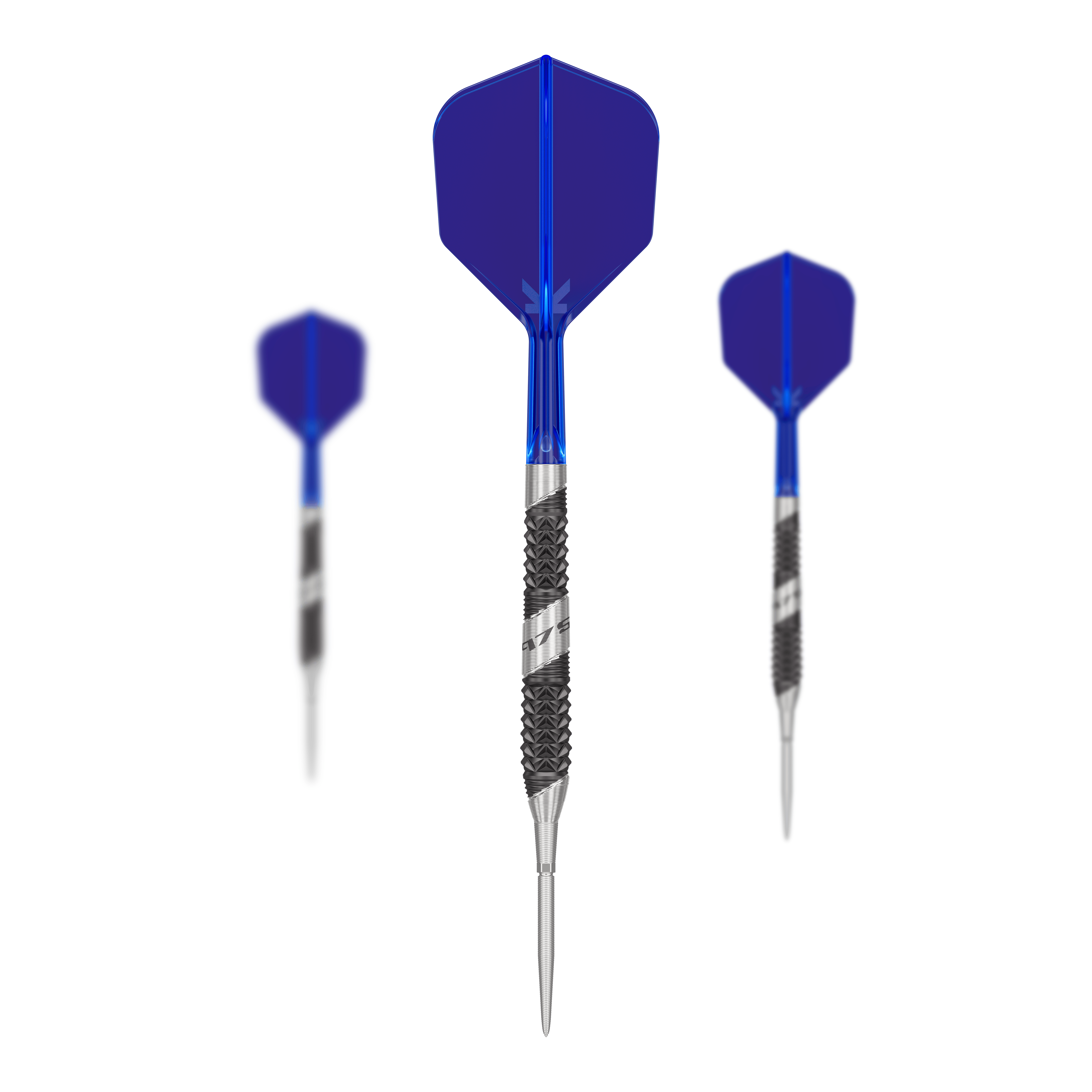 Fléchettes en acier Target 975 Ultra Marine 02 Swiss Point Das Bild zeigt drei Steeldarts des Produkts "Target 975 Ultra Marine 02 Swiss Point". Die Darts haben blaue Flights und silber-schwarze Barrels mit einem strukturierten Griff.