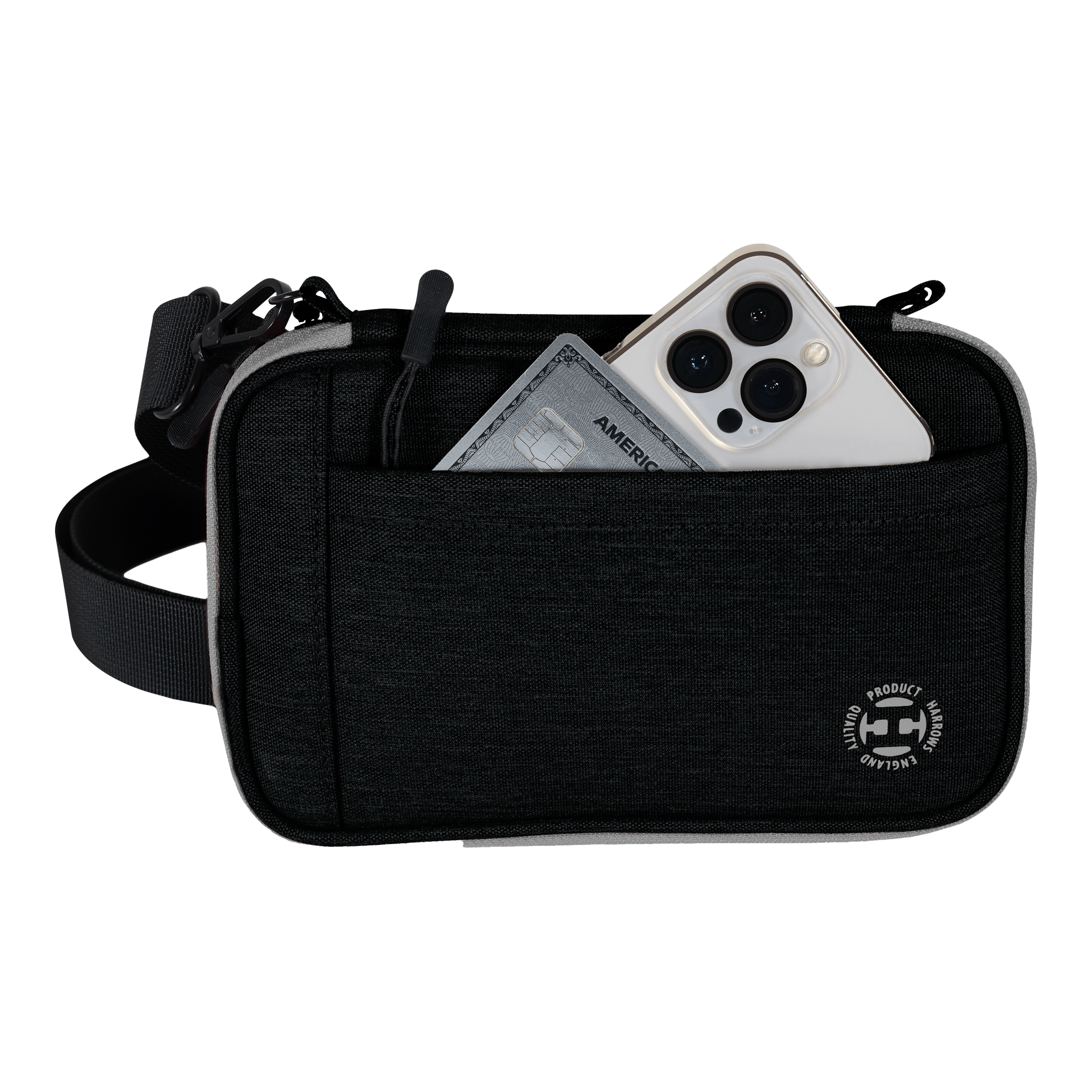 Portefeuille à fléchettes Harrows Smart Case XL Auf dem Bild ist eine schwarze Harrows Smart Case XL Darttasche zu sehen. In der vorderen Tasche stecken ein Smartphone und eine Kreditkarte.