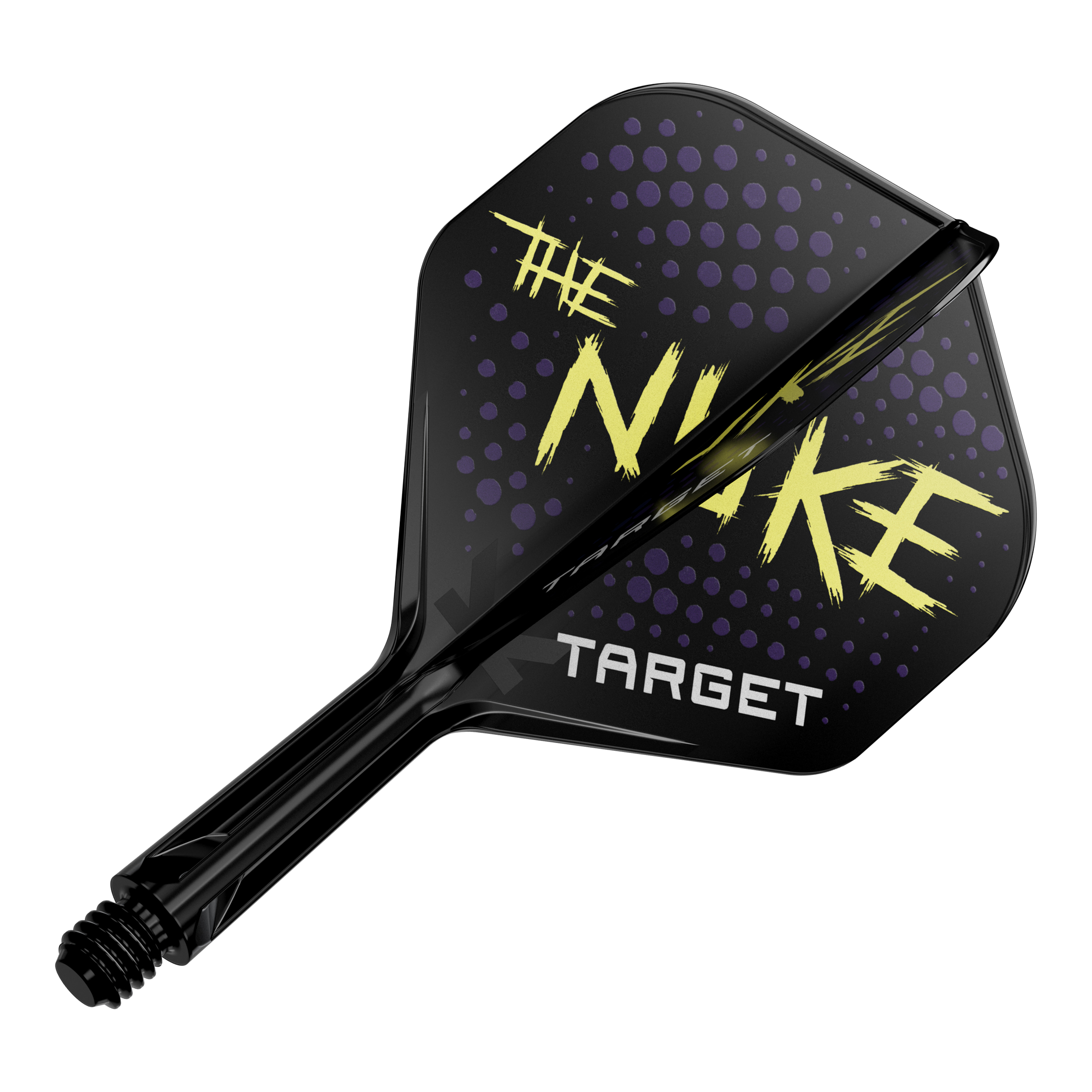 Système de vol standard Target K-Flex Luke Littler Black No2 Auf dem Bild ist ein schwarzes Dart-Flight mit dem Schriftzug "THE NUKE" und "TARGET" zu sehen. Das Design zeigt außerdem lila Punkte im Hintergrund.