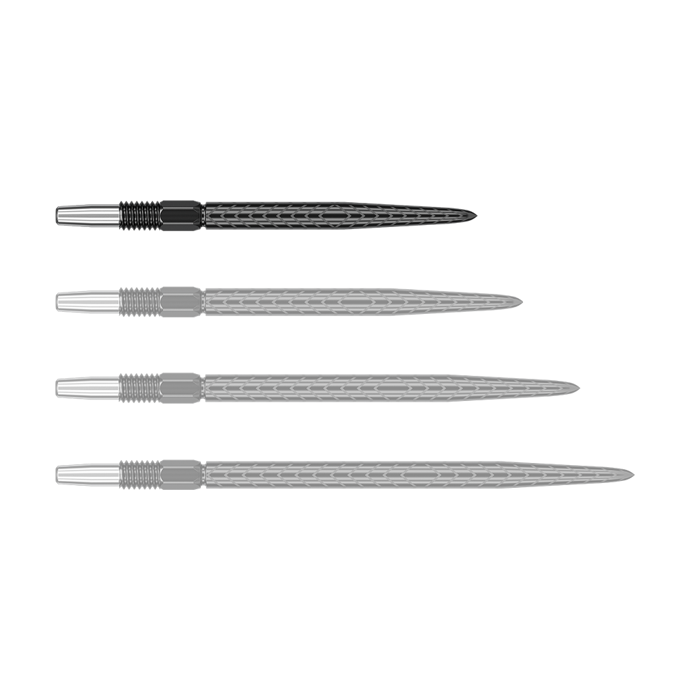 Pointes de fléchettes Target Swiss Point RVE - Noires Auf dem Bild sind vier schwarze Dartspitzen mit silbernem Gewinde zu sehen. Sie liegen nebeneinander in einer horizontalen Reihe.