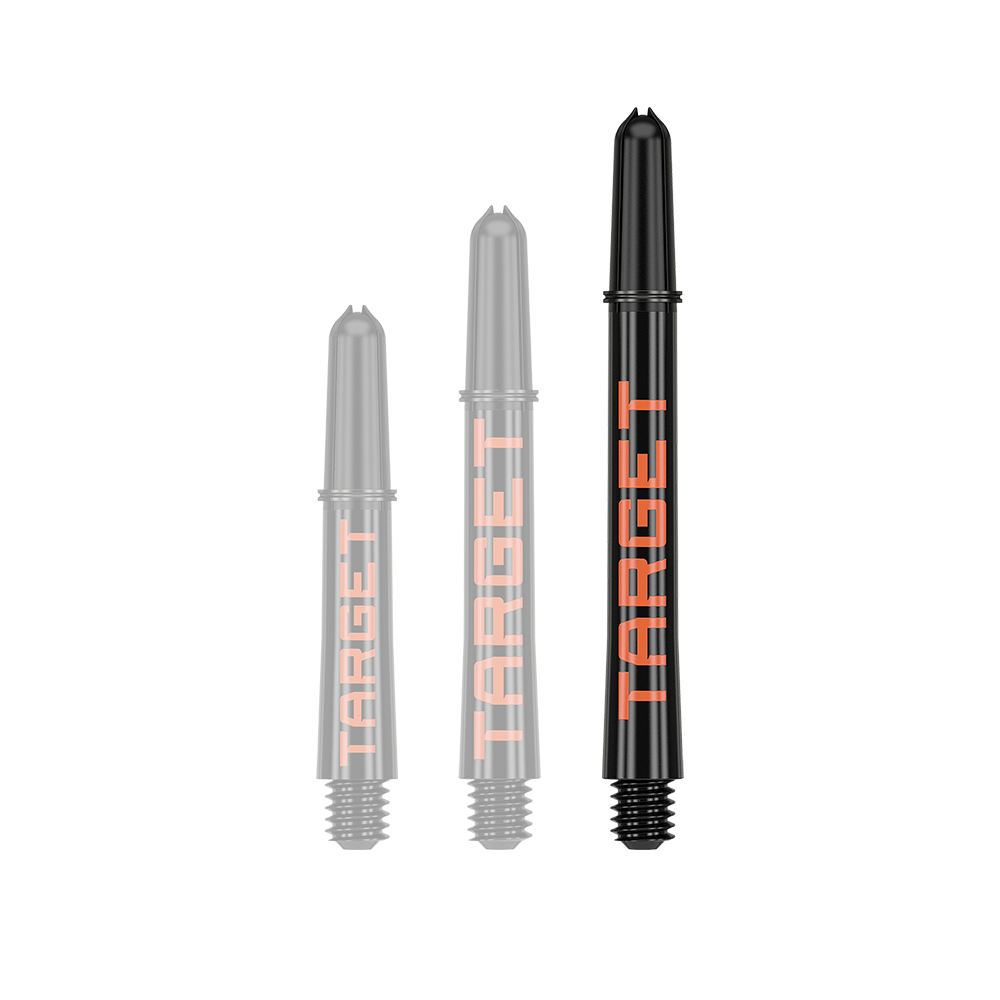 Tiges Target Pro Grip TAG - 3 jeux - Noir Orange Das Bild zeigt drei schwarze Dartschäfte in verschiedenen Längen mit orangefarbener Schrift. Auf jedem Schaft steht das Wort "TARGET".