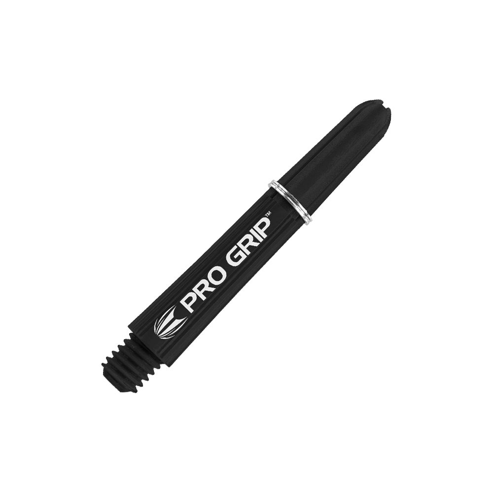 Tiges Target Pro Grip - 3 jeux - Noir Das Bild zeigt einen schwarzen Pro Grip Schaft für Dartpfeile mit weißer Schrift. Der Schaft ist 34 mm lang und hat einen silbernen Ring.