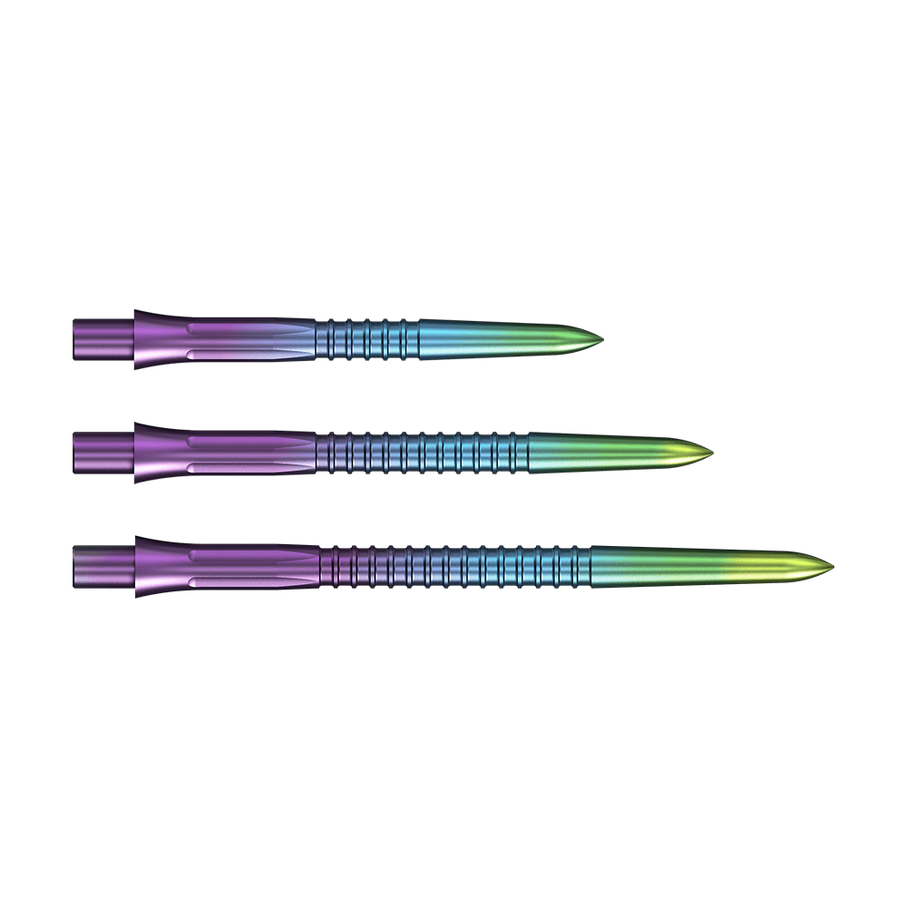 Embouts de fléchettes Mission Caliburn EVO GV1 - Arc-en-ciel Hier sind die Mission Caliburn EVO Dartspitzen GV1 in Rainbow-Farben abgebildet. Sie bieten ein auffälliges Design für Dartspieler.