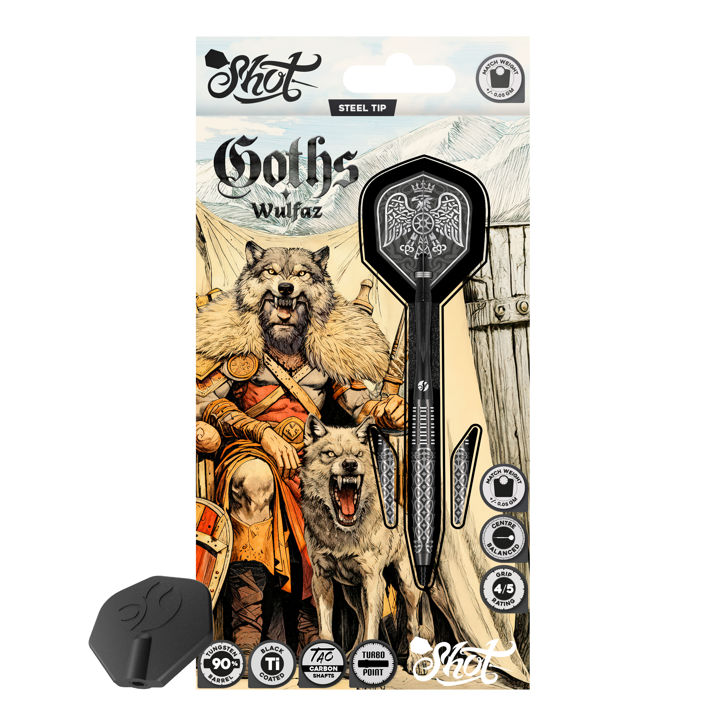 Fléchettes en acier Shot Goths Wulfaz Turbo Point - 23 g Das Bild zeigt die Shot Goths Wulfaz Turbo Point Steeldarts mit 23 Gramm. Diese Pfeile sind für das Steeldartspiel konzipiert.