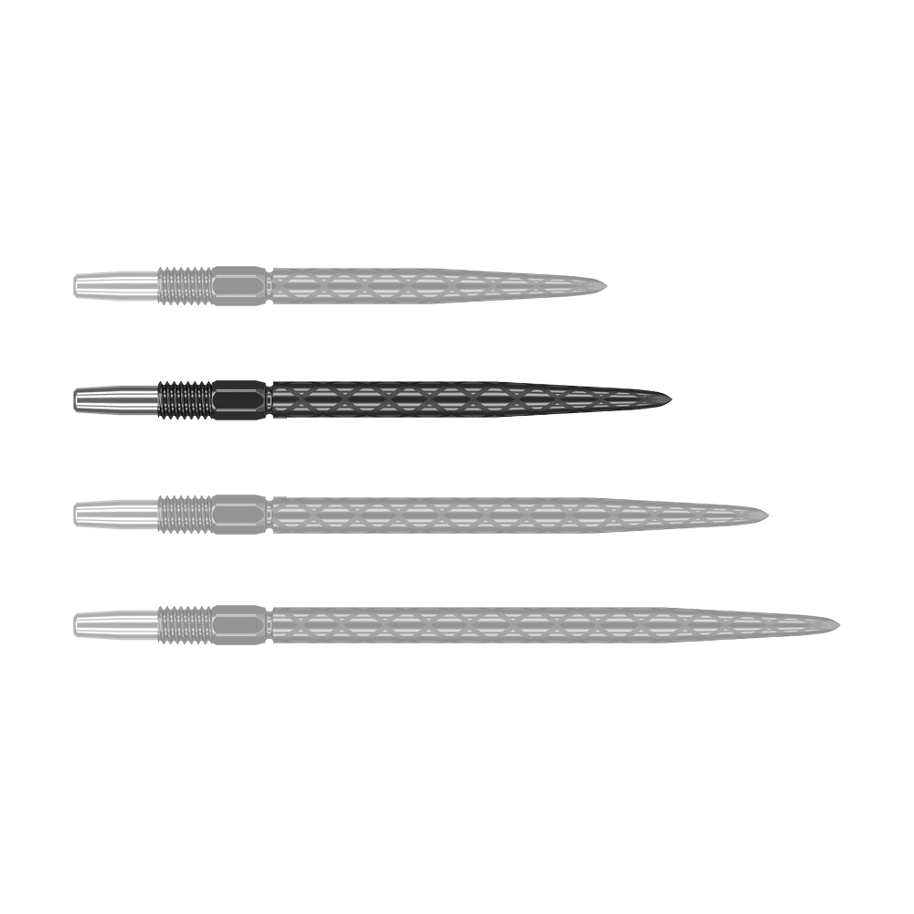 Pointes de fléchettes Target Swiss Diamond Pro Black Points Das Bild zeigt vier schwarze Dartspitzen mit silbernem Gewinde, die nebeneinander liegen. Die Spitzen haben eine rautenförmige Struktur entlang des Schafts.