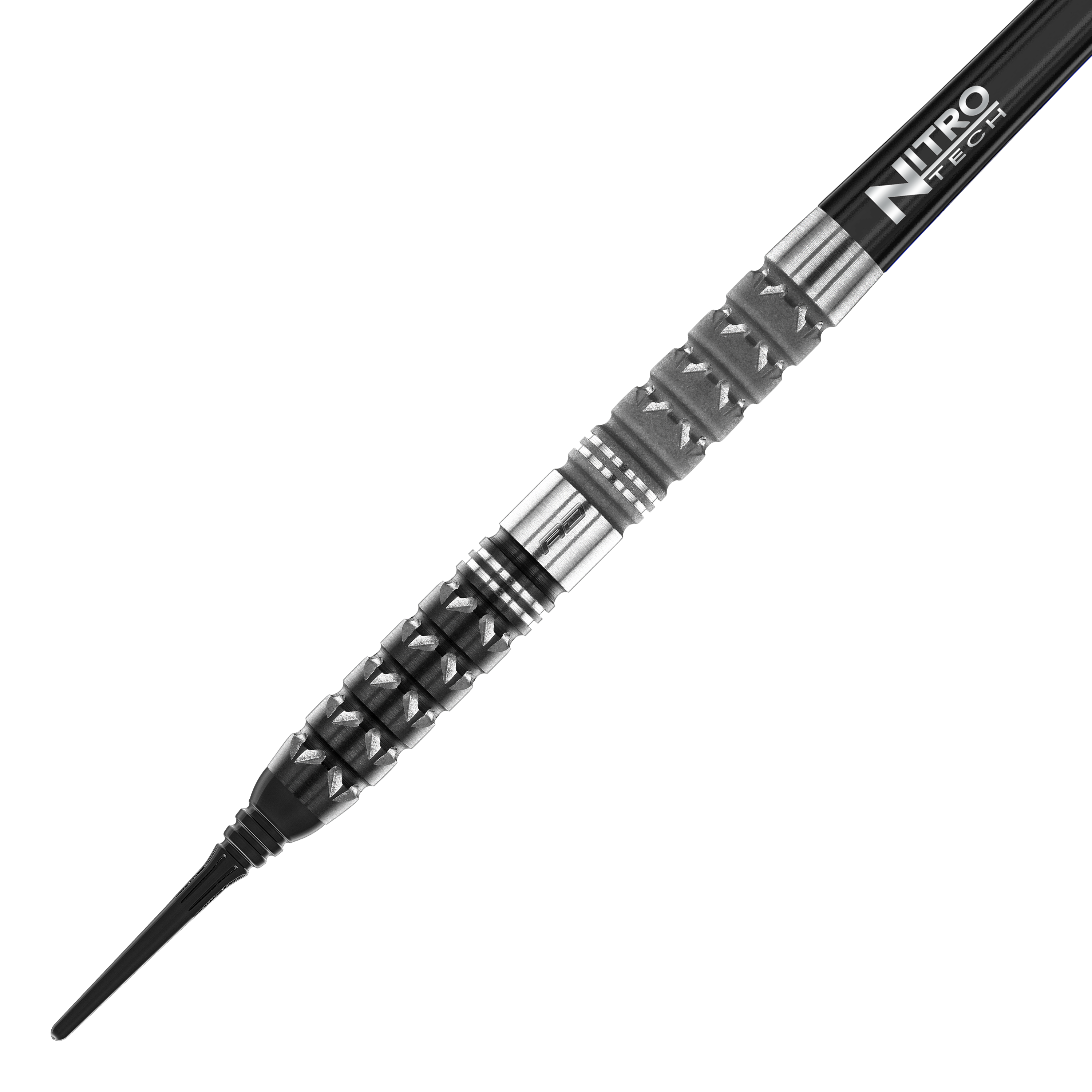 Fléchettes souples coniques Red Dragon Paradym - 20 g Das Bild zeigt den Red Dragon Paradym Tapered Softdart mit einem Gewicht von 20g. Der Dart hat ein markantes, silber-schwarzes Design mit spezieller Griffstruktur und der Aufschrift "Nitro Tech" am Schaft.