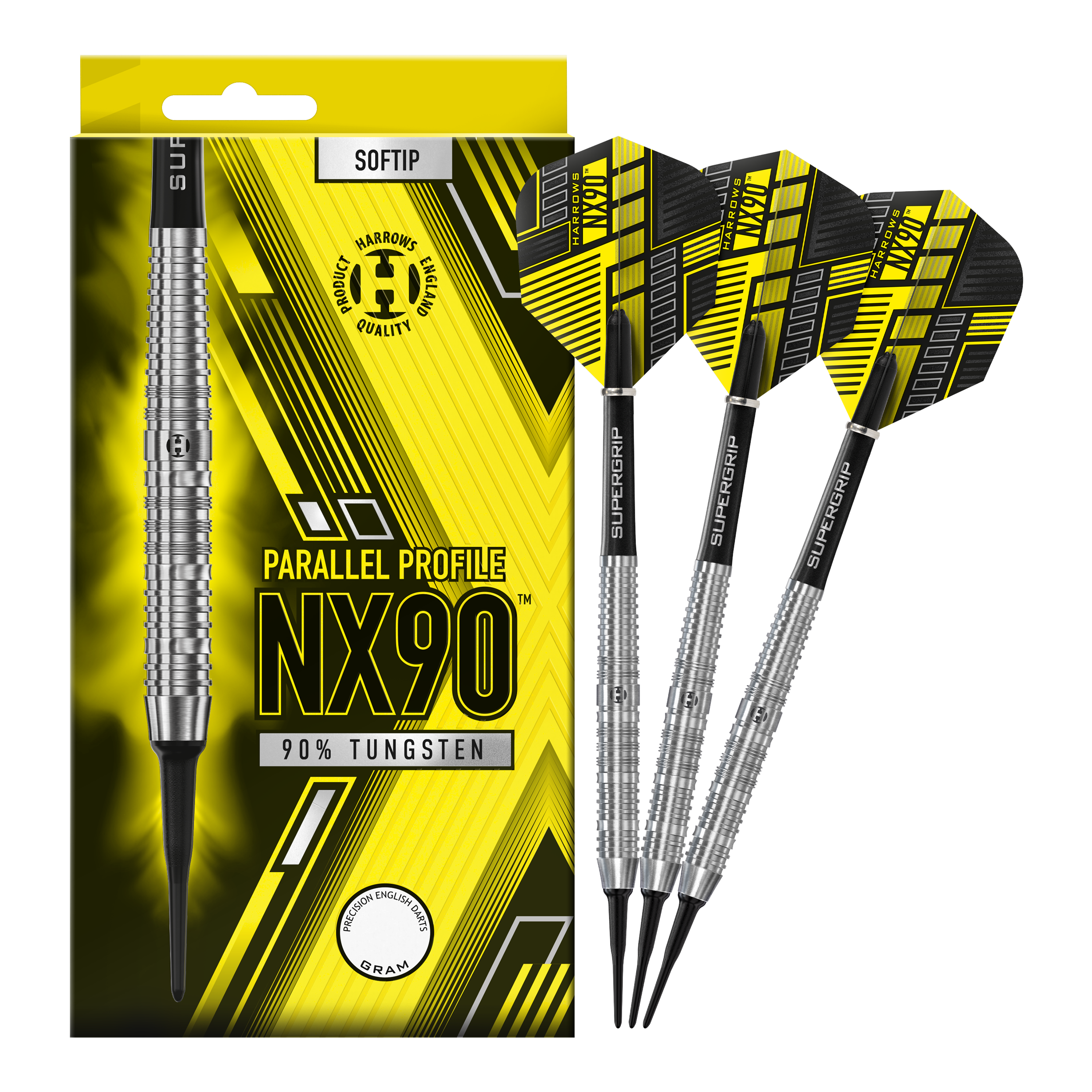 Fléchettes souples parallèles Harrows NX90 Das Bild zeigt eine Packung der Harrows NX90 Parallel Softdarts mit gelb-schwarzem Design. Daneben liegen drei silberne Softdarts mit schwarzen und gelben Flights.